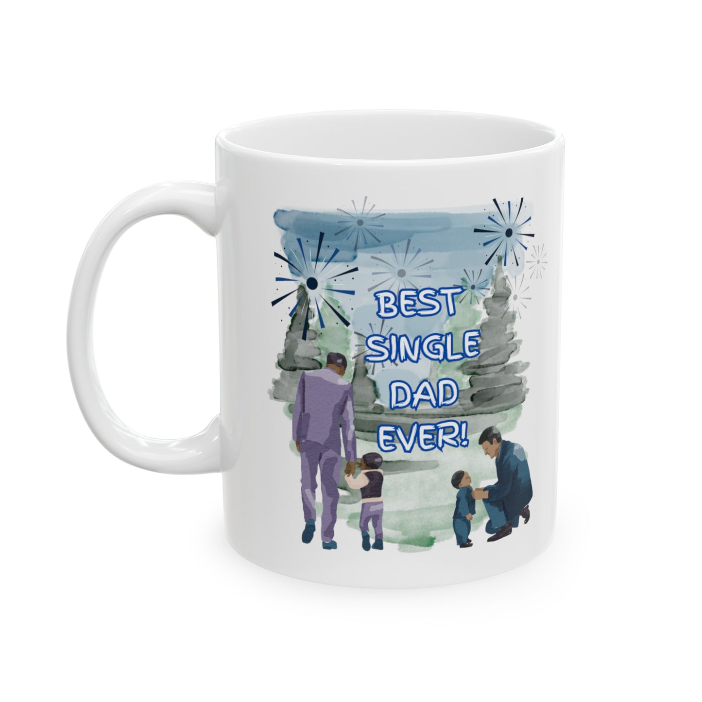 "Best Single Dad Ever" Retro Nature Setting, White Ceramic Mug, (11 oz, 15 oz)