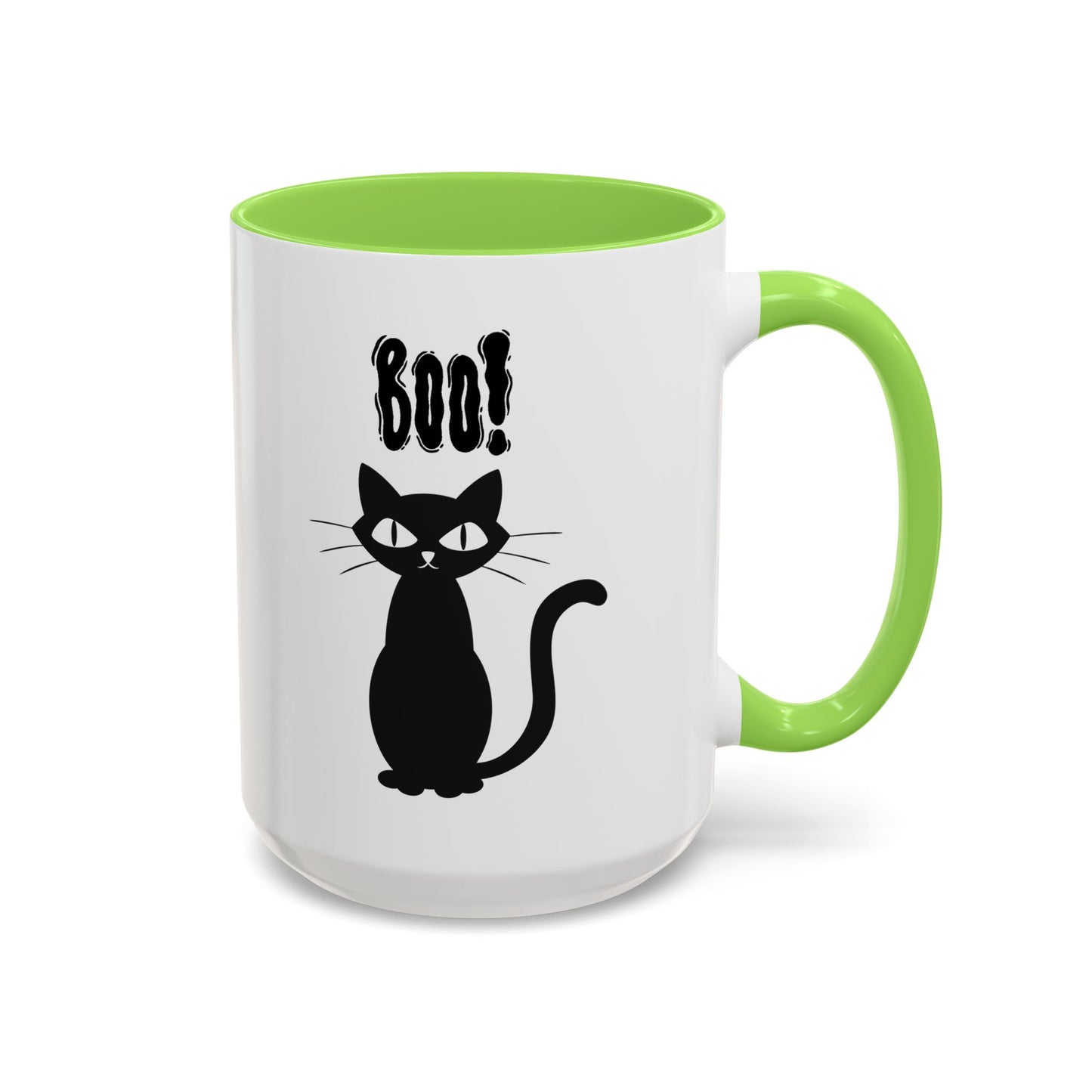 ''Boo" Black Kitty, White Ceramic Mugs With Colorful Accents (11oz and 15oz)