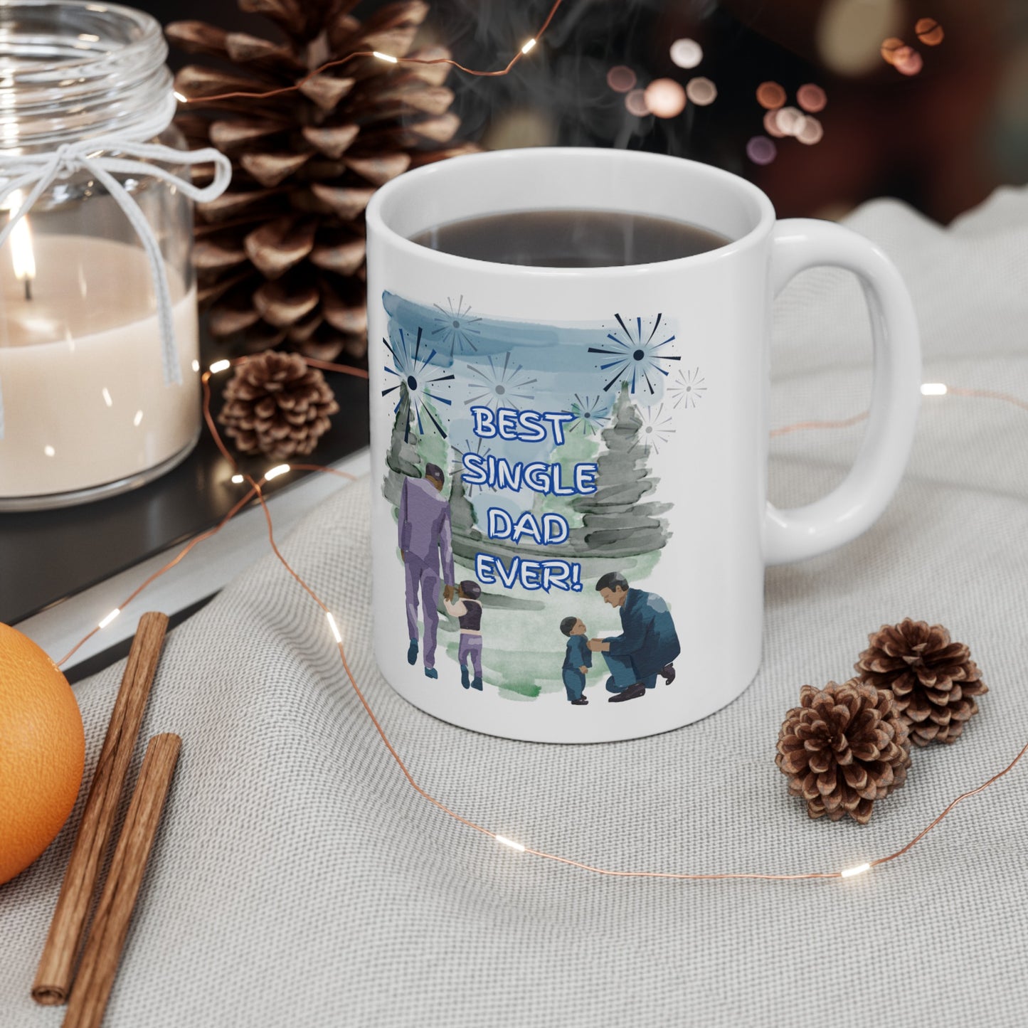 "Best Single Dad Ever" Retro Nature Setting, White Ceramic Mug, (11 oz, 15 oz)