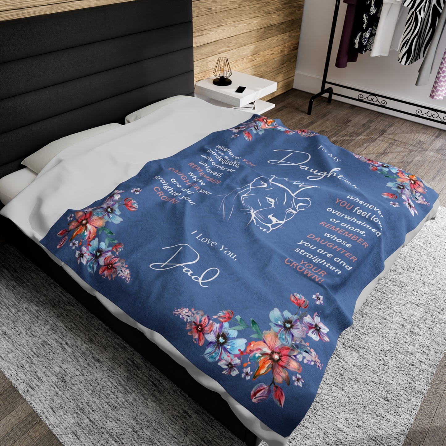 "To My Daughter"- Lion Princess, 60 in x 80 in Plush Blanket - Wedgewood Blue