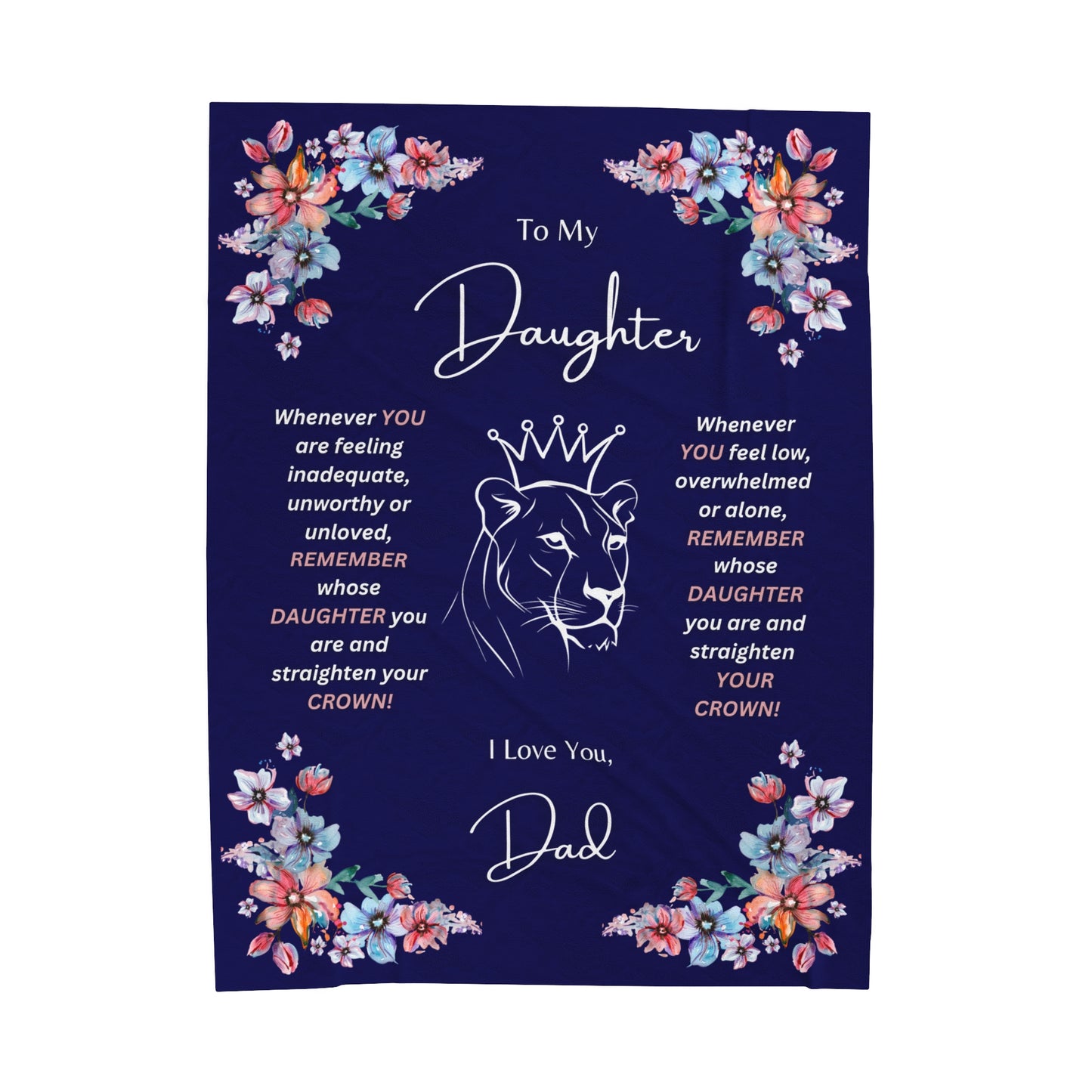 "To My Daughter-Lion Princess" 60 in x 80 in Velveteen Plush Blanket-Royal Navy Blue