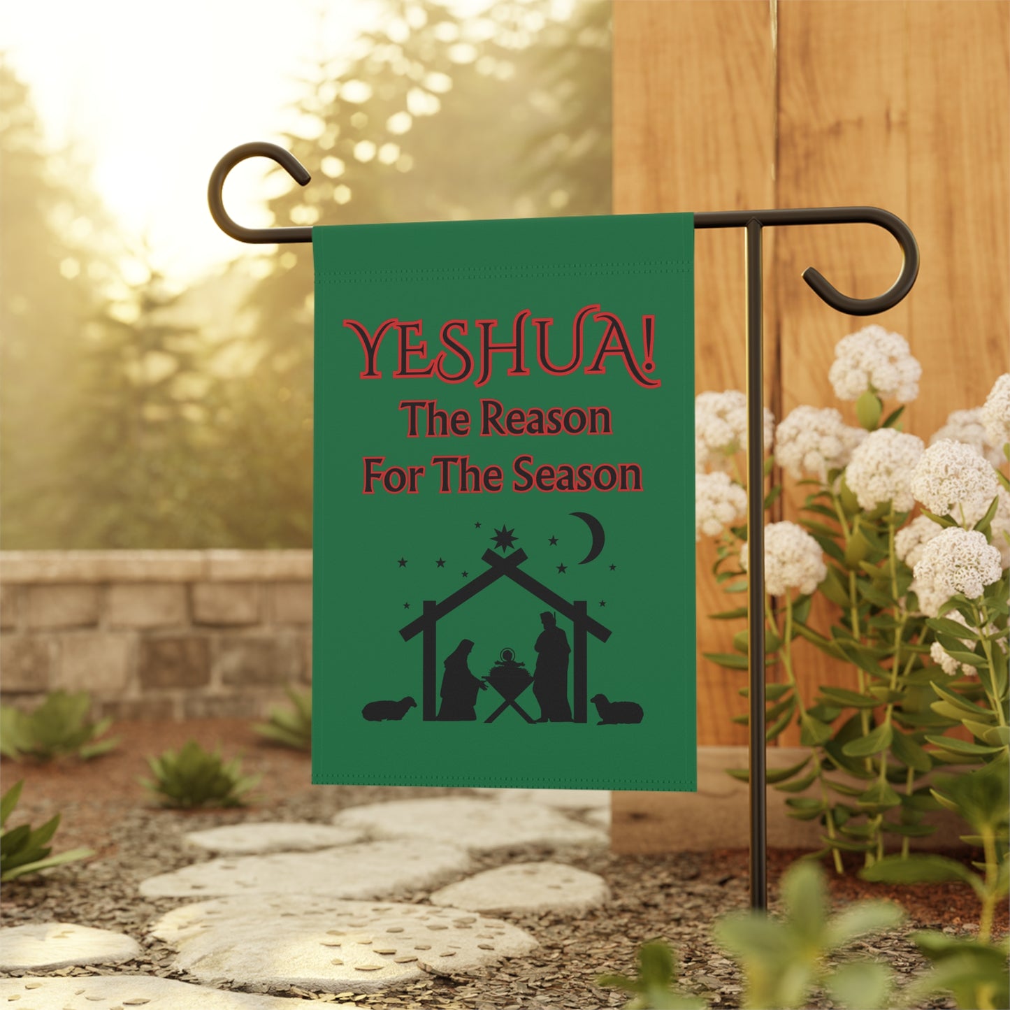 Garden Banner - "YESHUA! The Reason For The Season" Dark Green Nativity Yard Flag