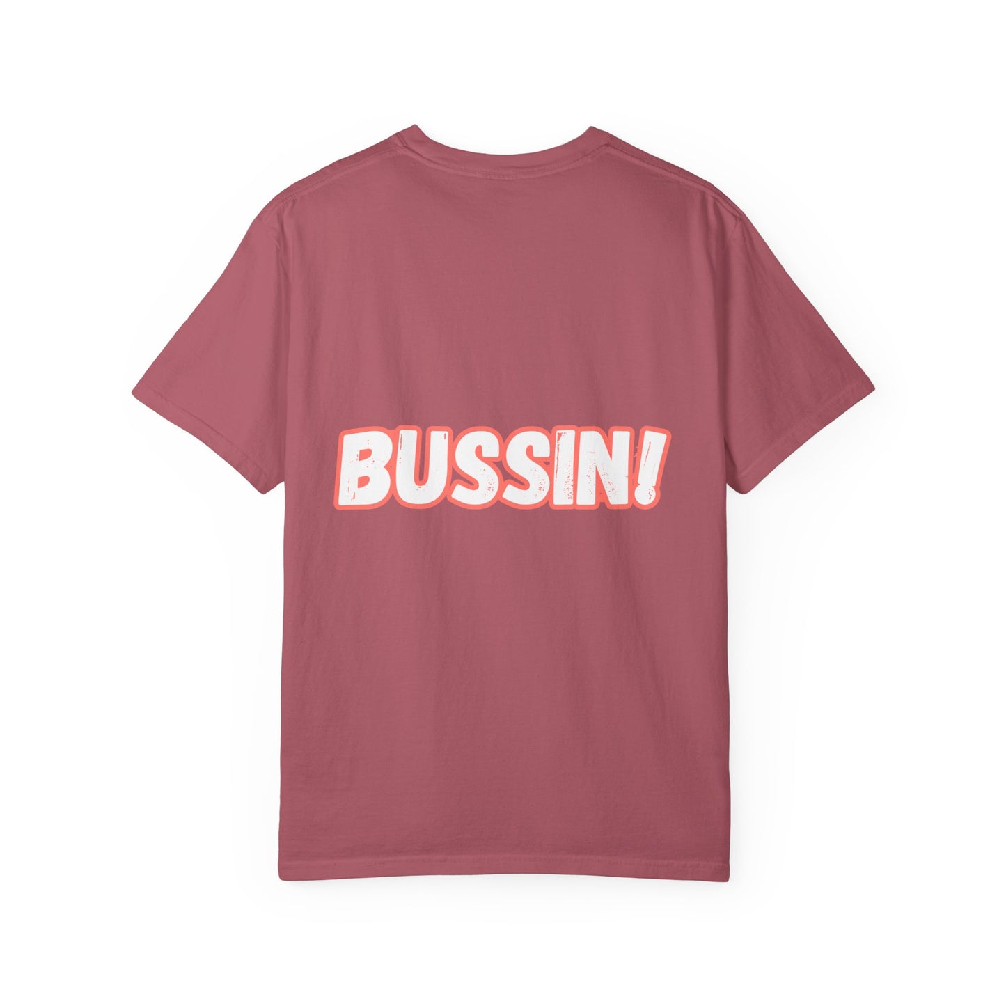 "BUSSIN!" Casual Graphic T-Shirt with Fun Emoji and 'Bussin!' Slogan-Front and Back Designs, Respectively