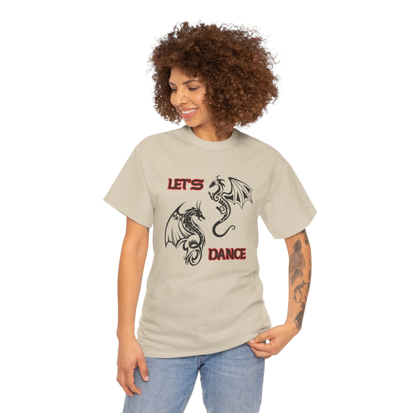 "Let's Dance" Unisex Heavy Cotton Tee, Black/Red Text