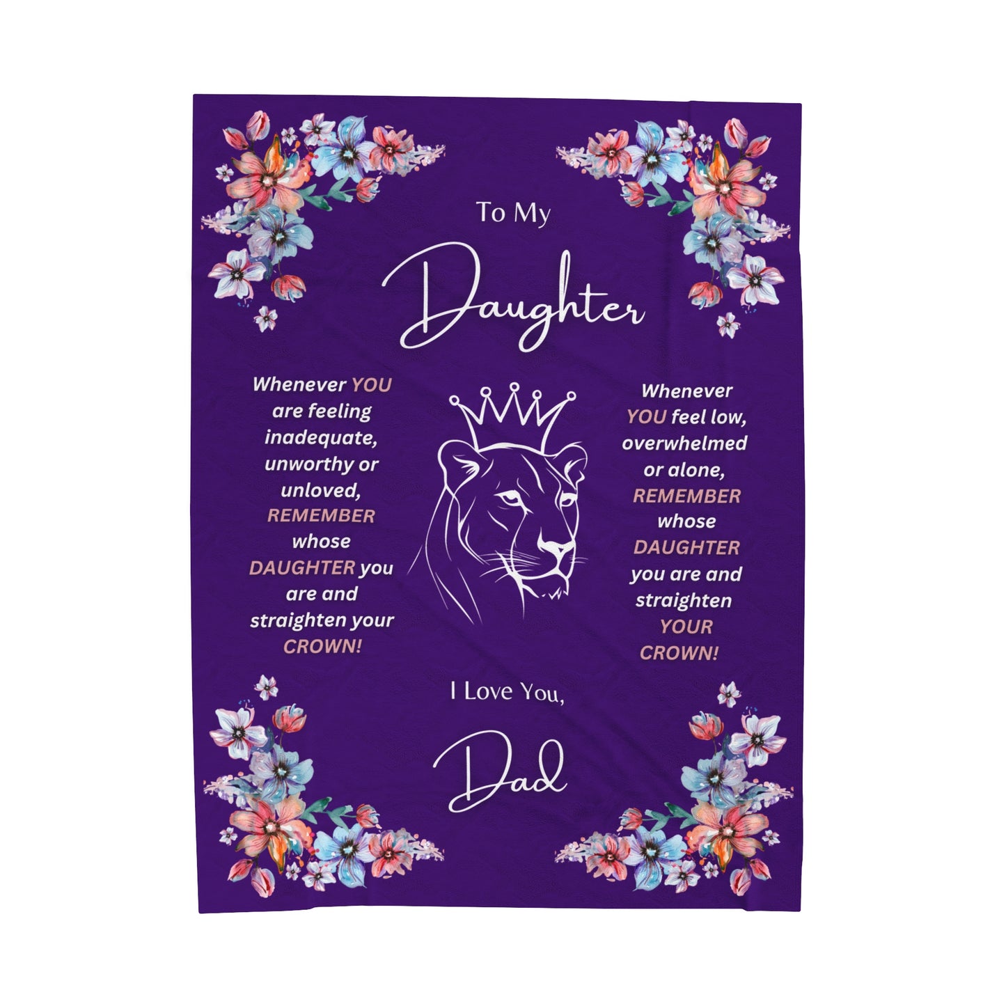 "To My Daughter-Lion Princess" 60 in x 80 in Velveteen Plush Blanket in Royal Purple