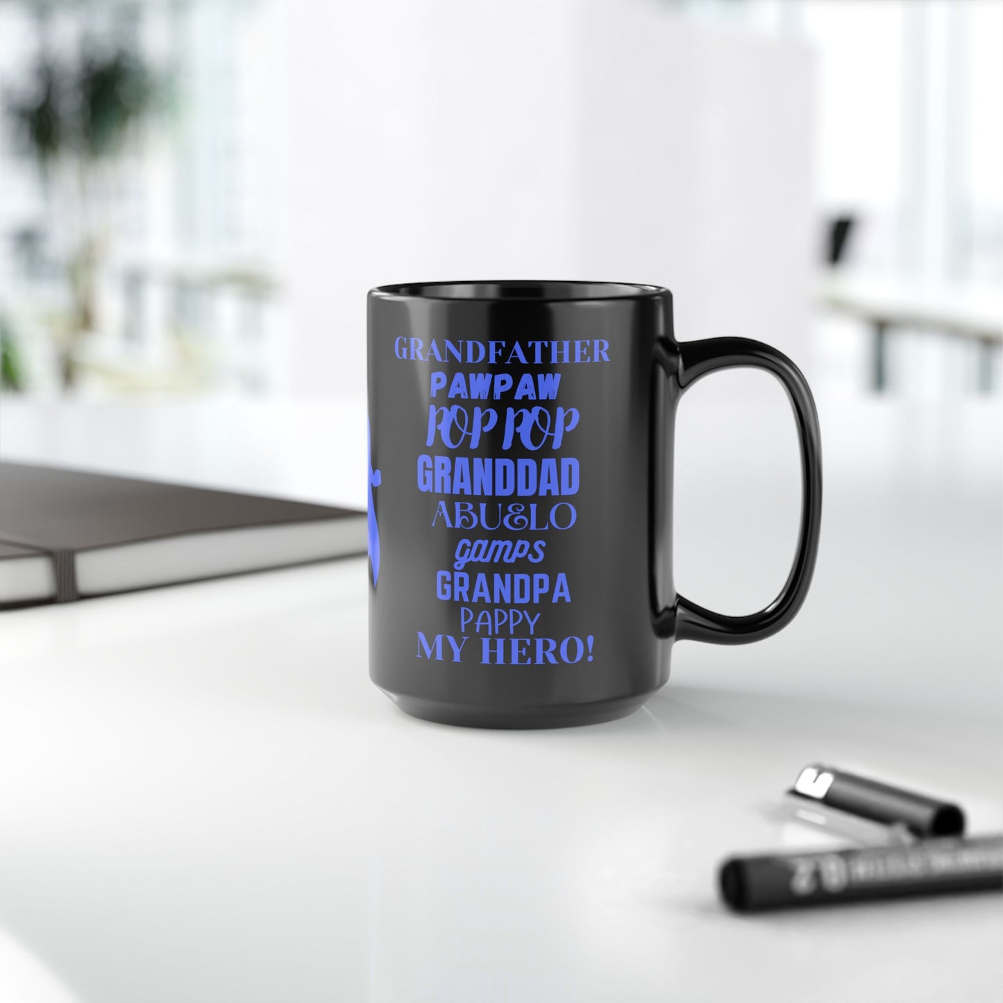 "Grandfather...My Hero", Black Ceramic 15 oz Mug