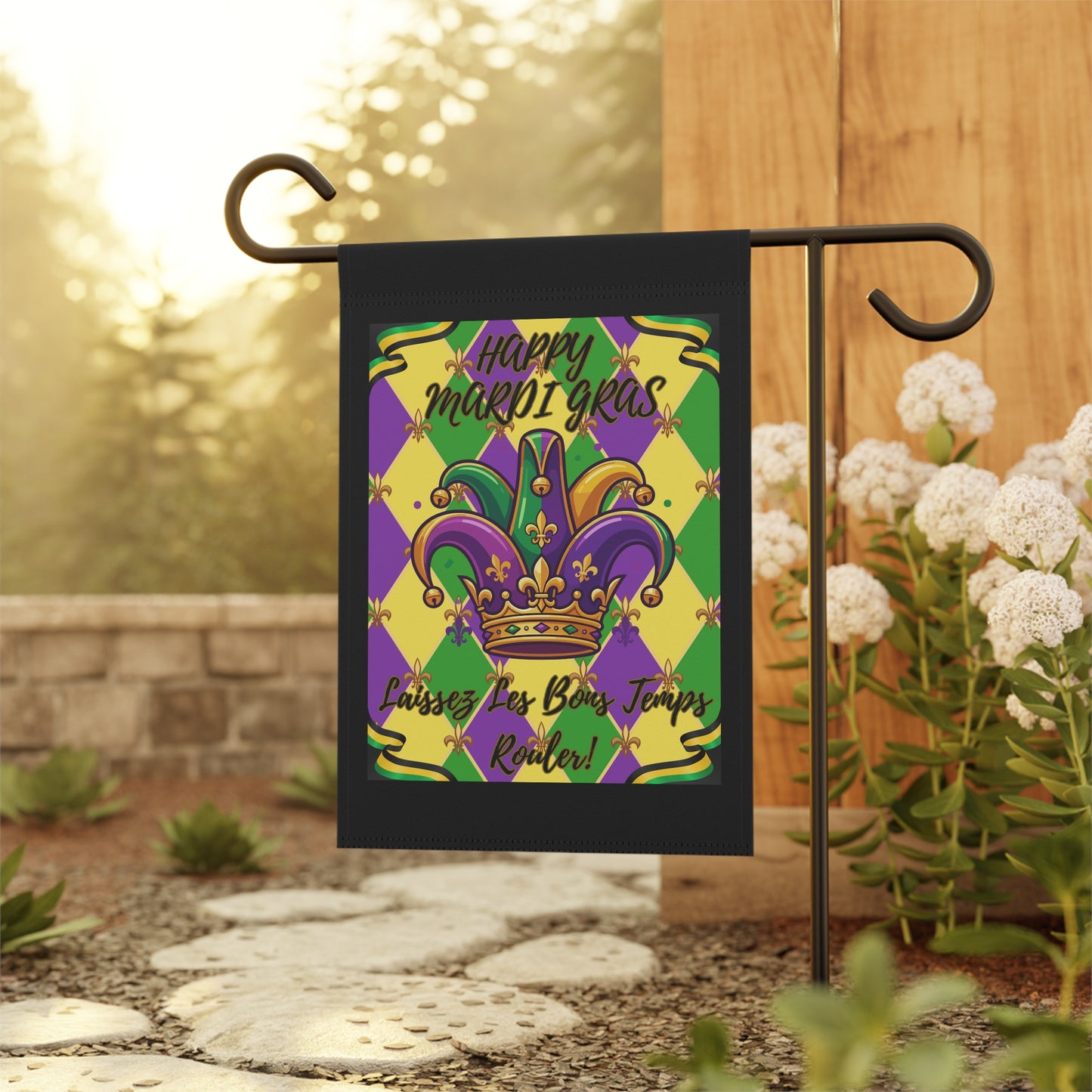 Mardi Gras Jester Crown Garden Flag — "Happy Mardi Gras-Laissez Les Bons Temps Rouler!" House Banner-Black