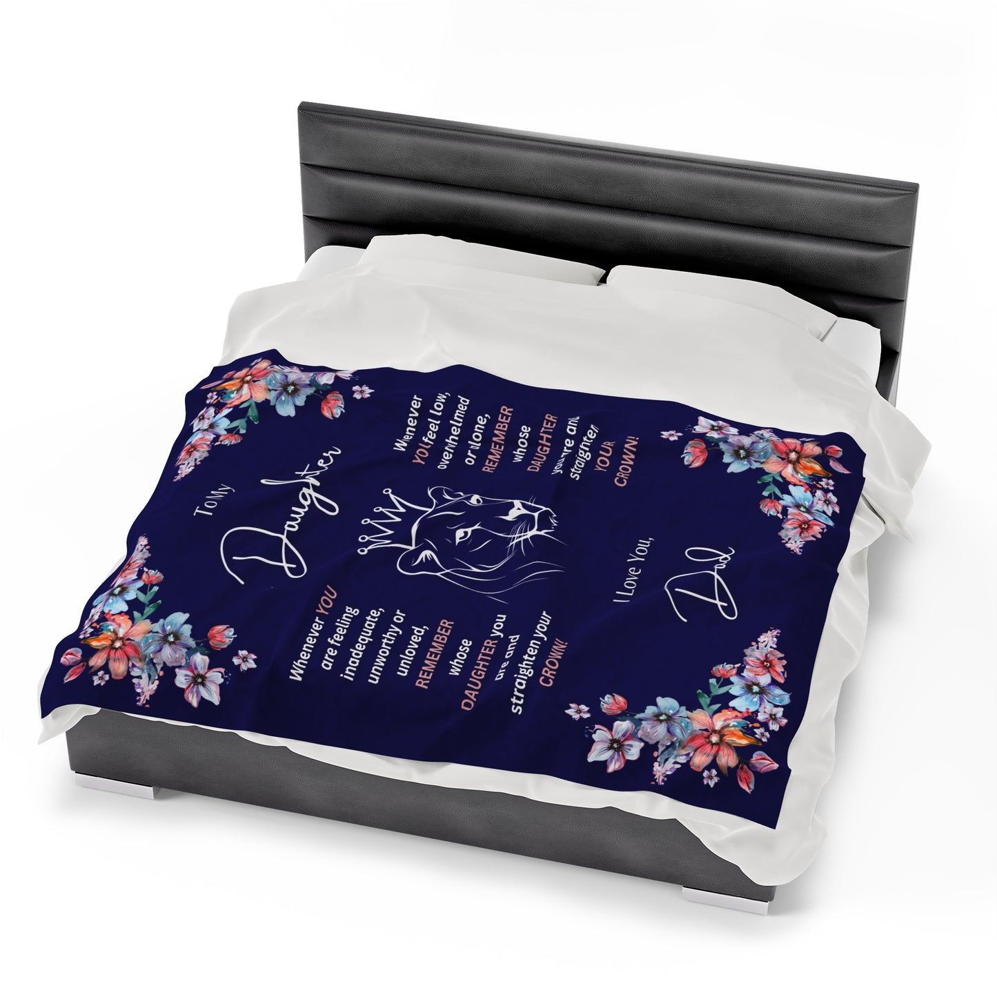 "To My Daughter-Lion Princess" 60 in x 80 in Velveteen Plush Blanket-Royal Navy Blue