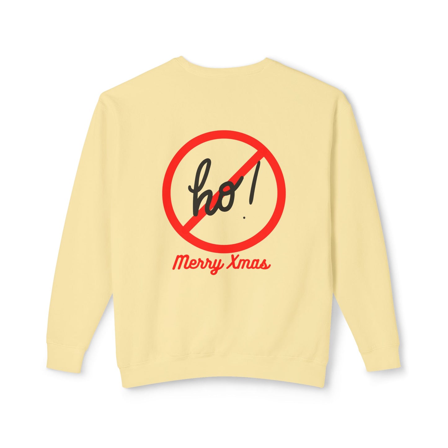 "Smiling(Tan)Santa-Ho, Ho, Ho," Unisex Lightweight Crewneck Sweatshirt, Black Text