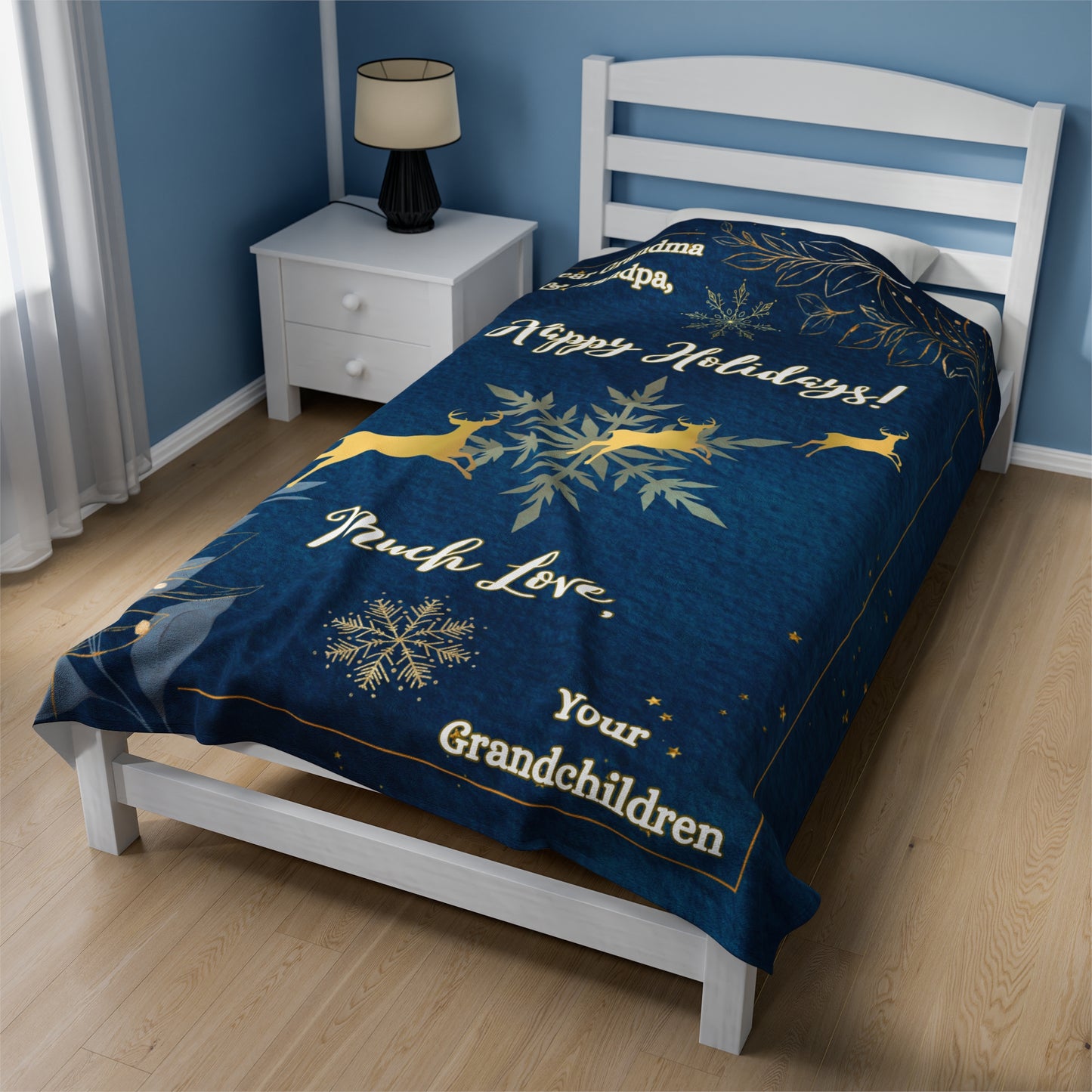 "Dear Grandma and Grandpa, Happy Holidays! Navy Blue,Velveteen 60 in x 80 in Plush Blanket