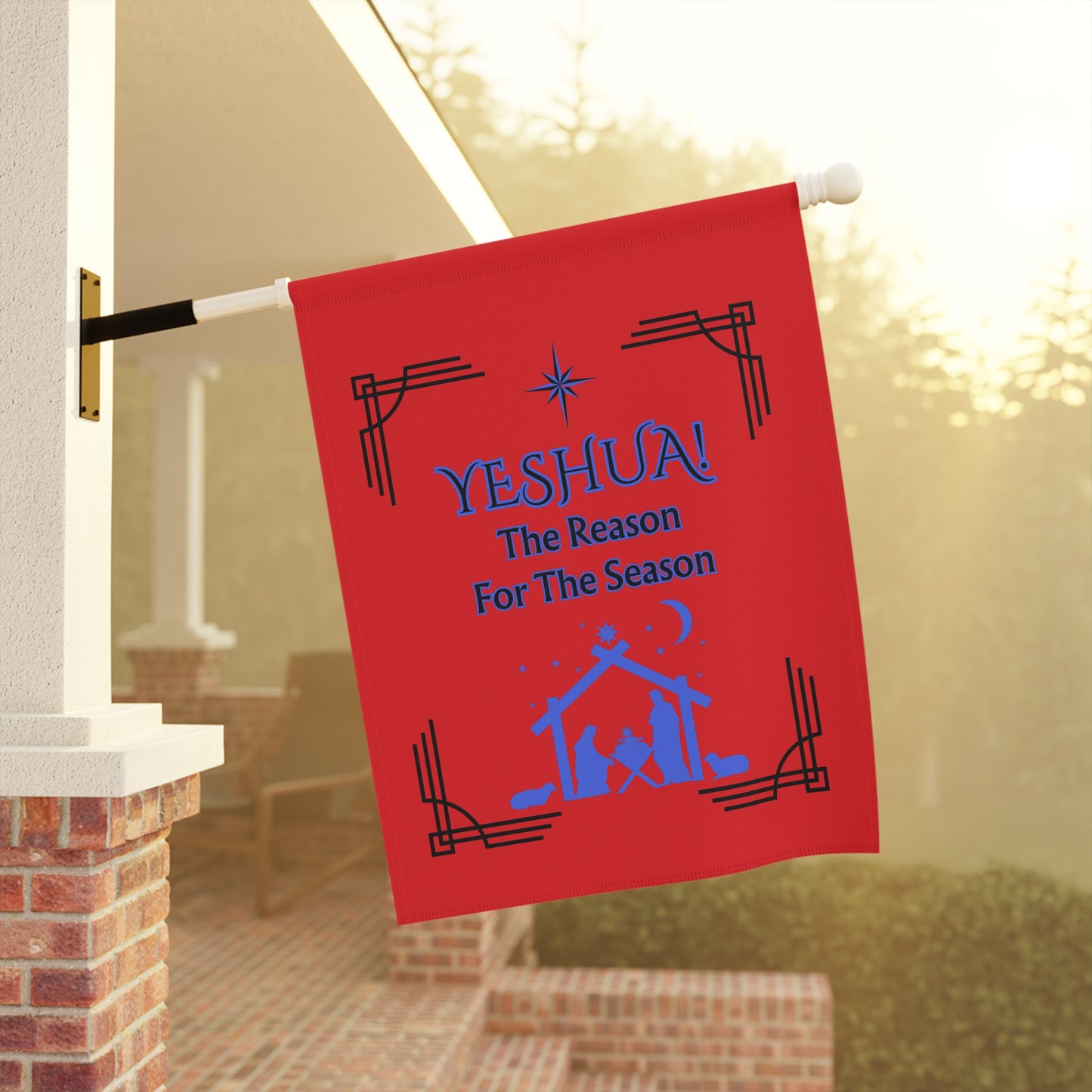 "YESHUA! The Reason For The Season" , Red 24.5in x 32in House Banner. A Lovely Nativity Christmas Scene!