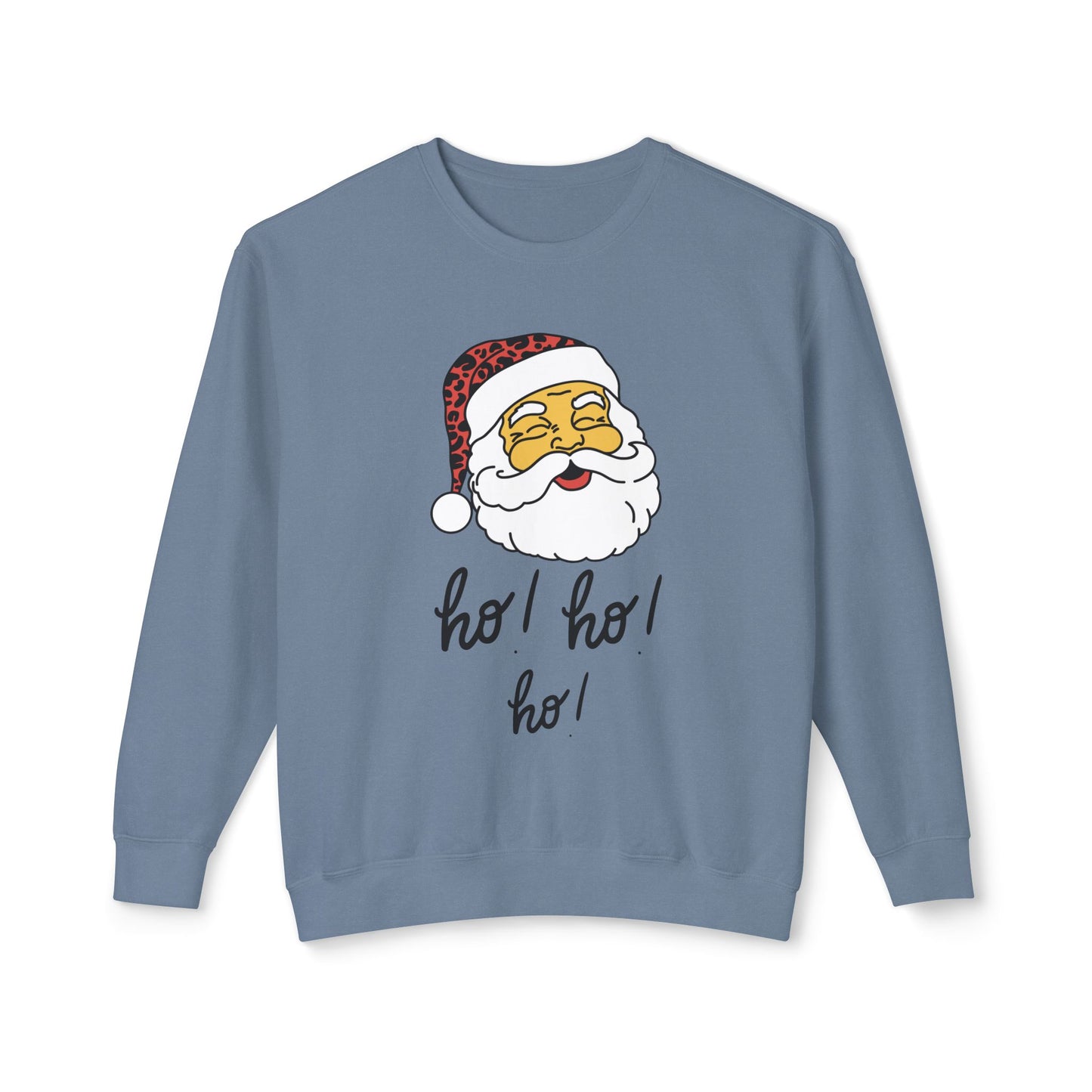 "Smiling(Tan)Santa-Ho, Ho, Ho," Unisex Lightweight Crewneck Sweatshirt, Black Text