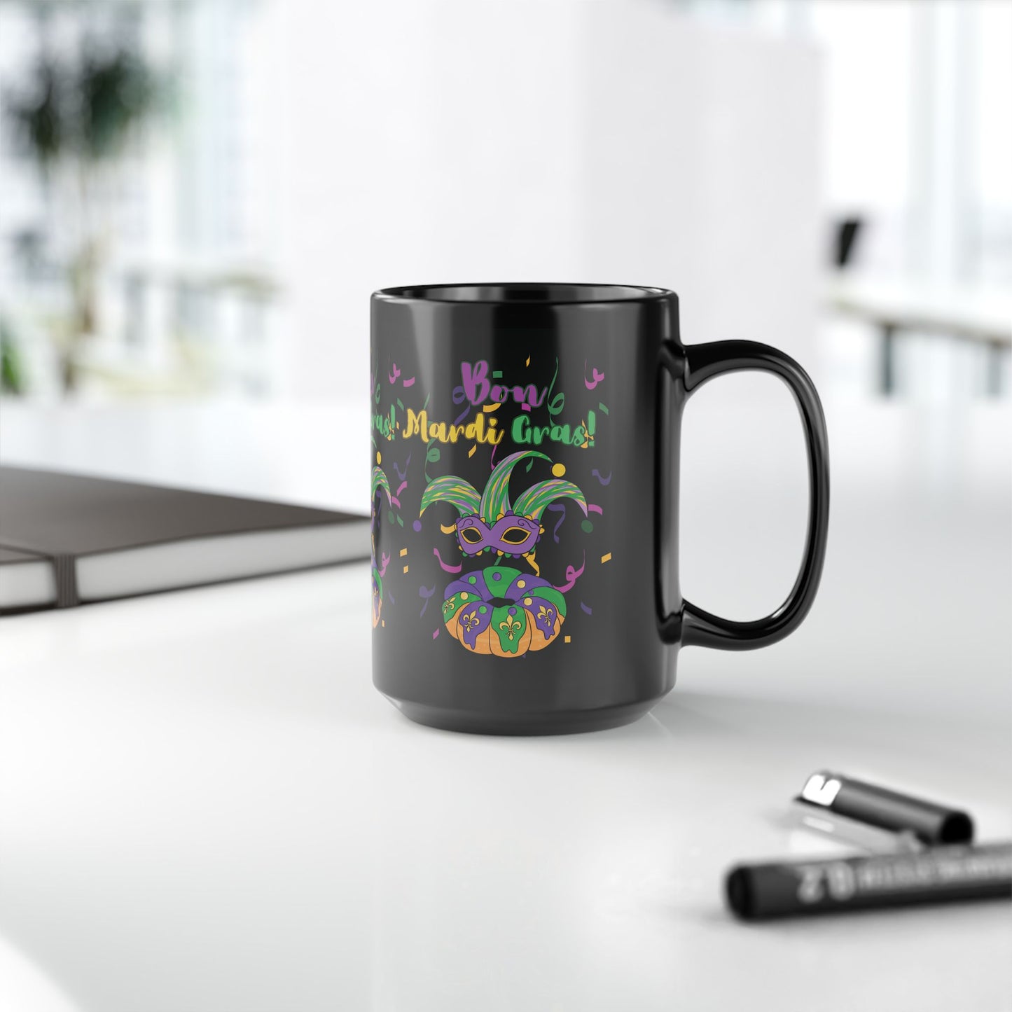 "Bon Mardi Gras" 15oz Black Ceramic Mug, Featuring A Festive Carnival Mask & King Cake!