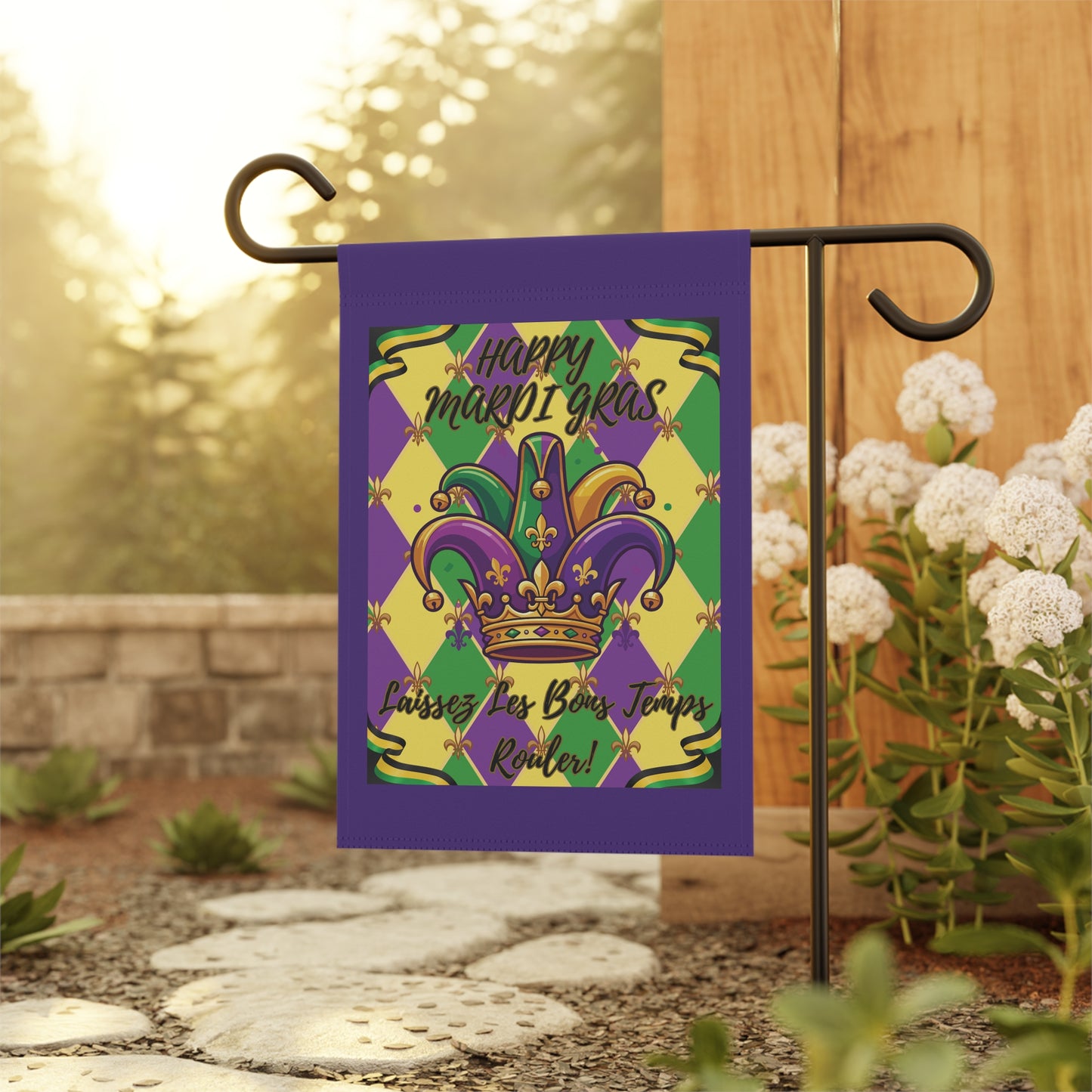 Mardi Gras Jester Crown Garden Flag — "Happy Mardi Gras-Laissez Les Bons Temps Rouler!" House Banner-Purple