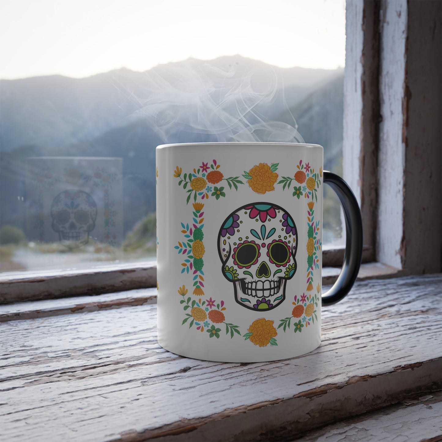 Vibrant Floral "Sugar Skull Mug "- Color Changing 11 oz Coffee Cup, Day of the Dead Gift!