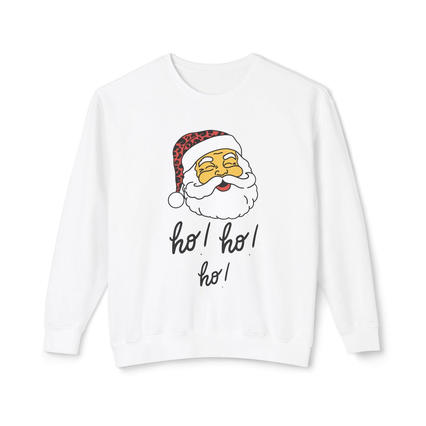 "Smiling(Tan)Santa-Ho, Ho, Ho," Unisex Lightweight Crewneck Sweatshirt, Black Text