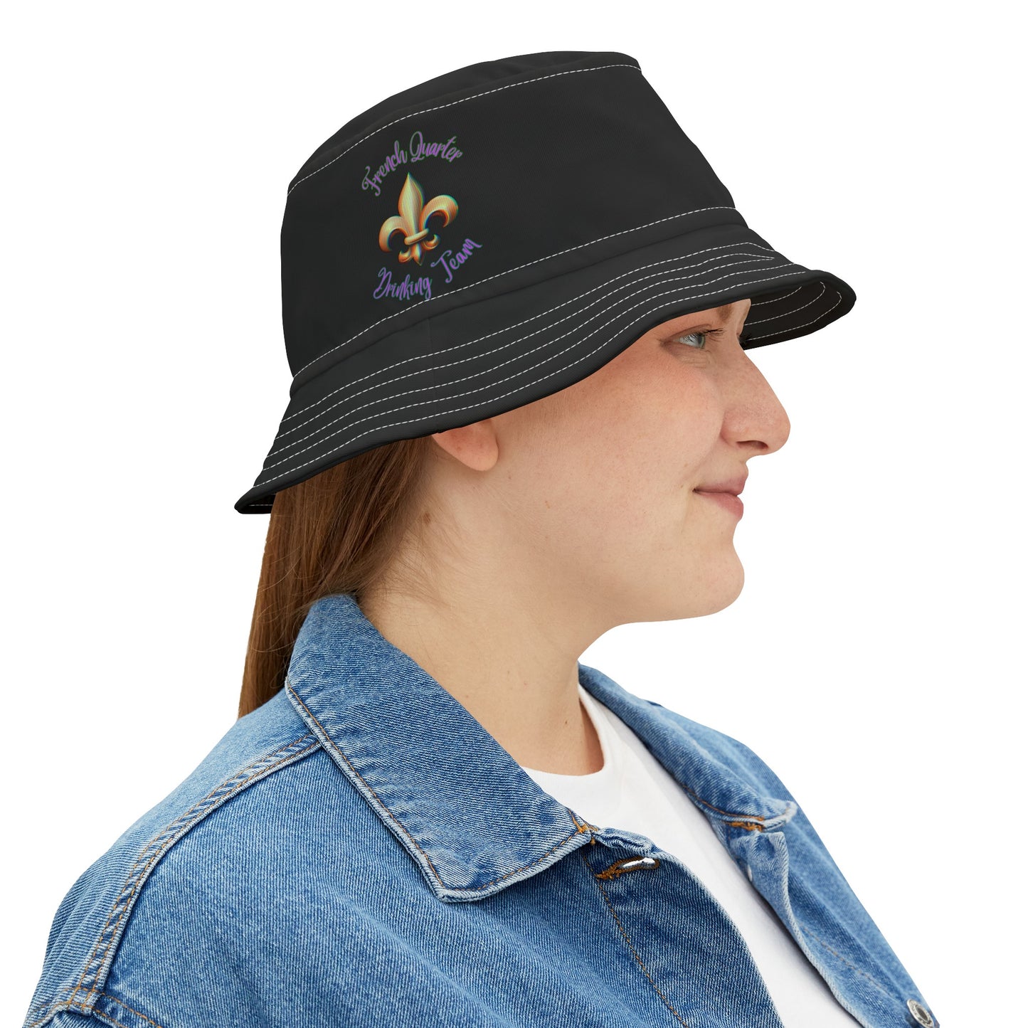 "French Quarter Drinking Team" Black Bucket Hat , With Black or White Stitching