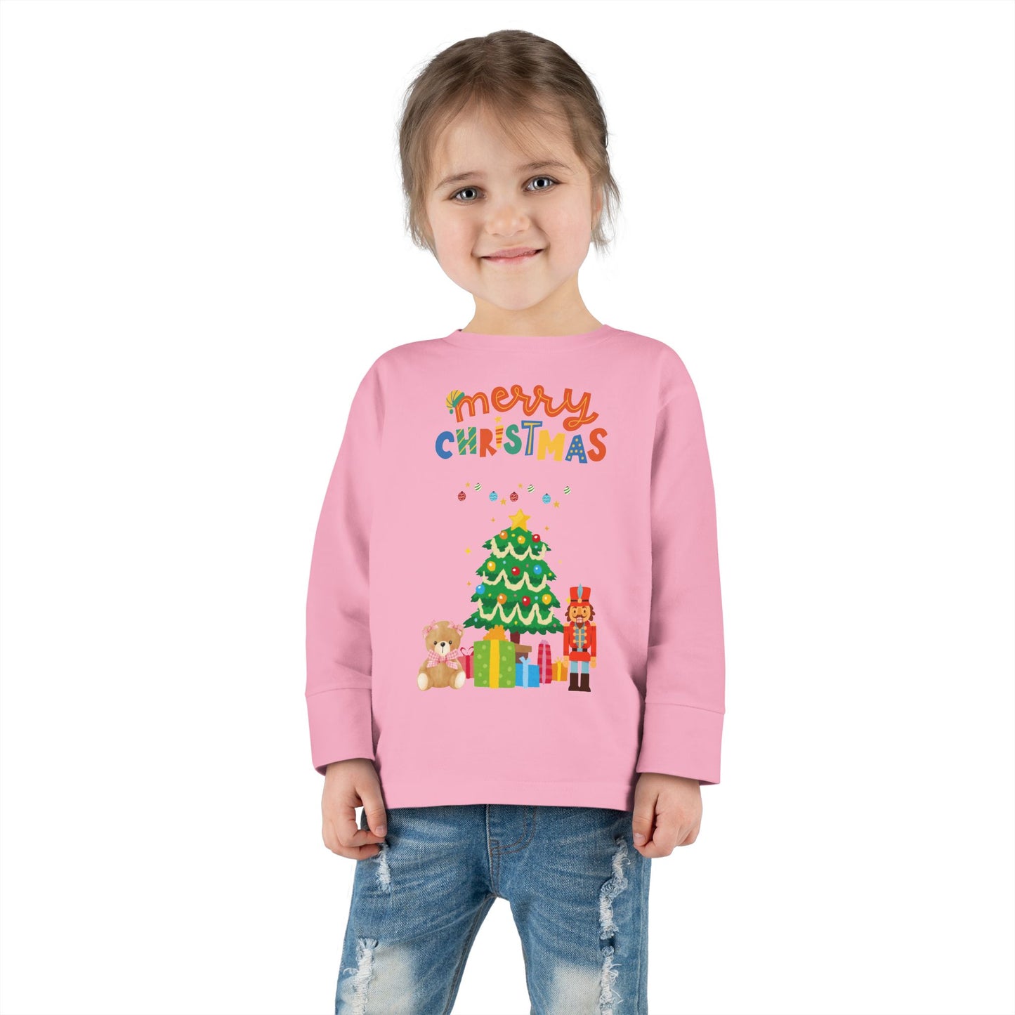 "Merry Christmas" Toddler Long Sleeve Tee – Cute Tree, Gifts & Nutcracker Holiday Shirt