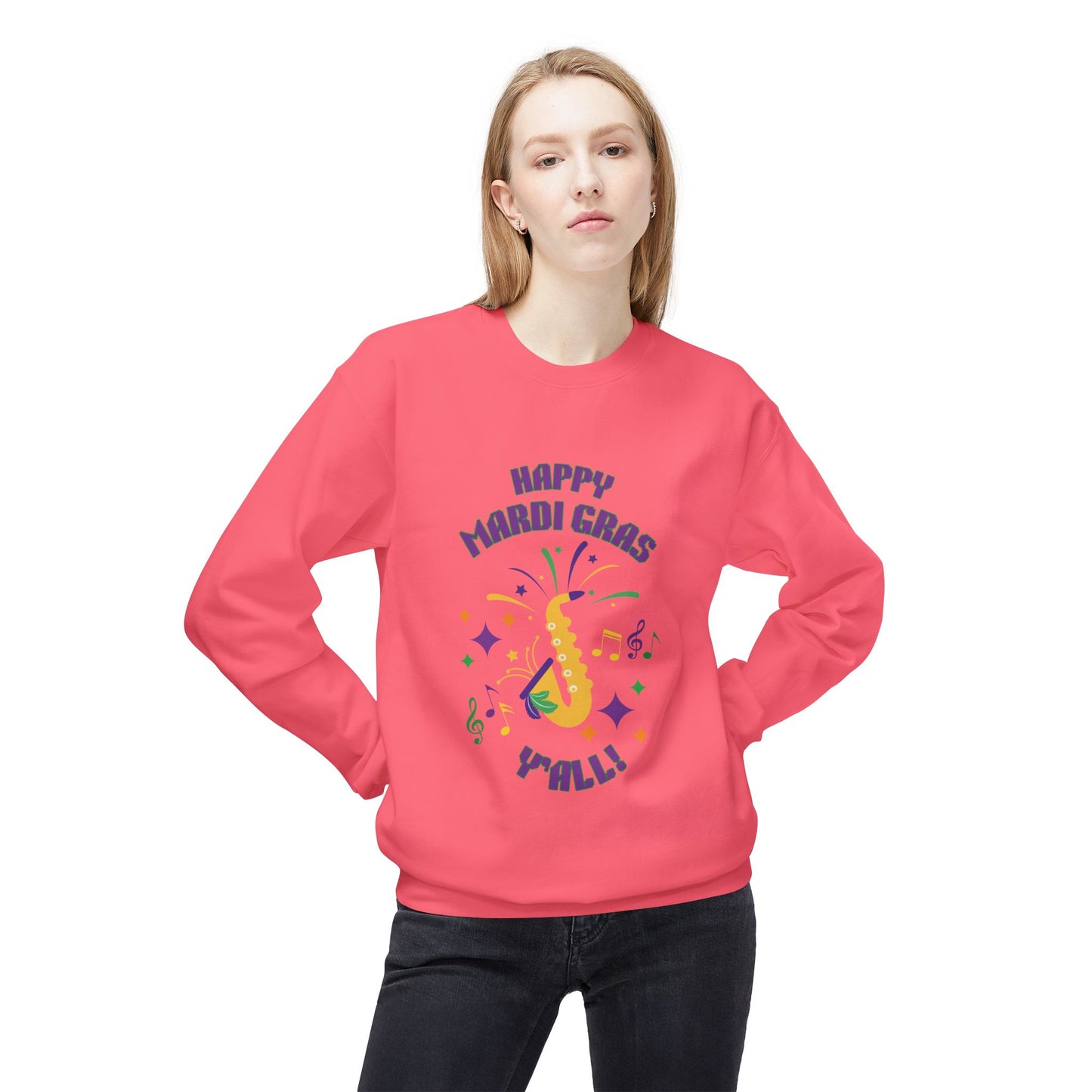 "Happy Mardi Gras Y'all" Midweight Crewneck Sweatshirt. Let This Colorful Unisex Sweatshirt Help You Revel In Style!