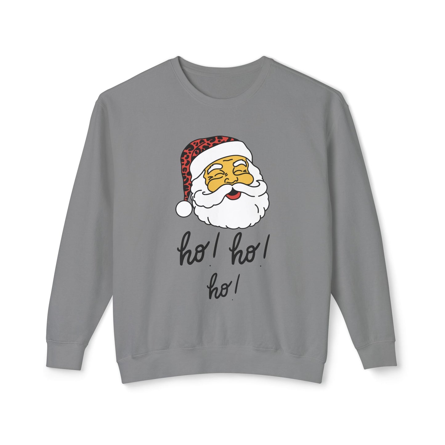 "Smiling(Tan)Santa-Ho, Ho, Ho," Unisex Lightweight Crewneck Sweatshirt, Black Text
