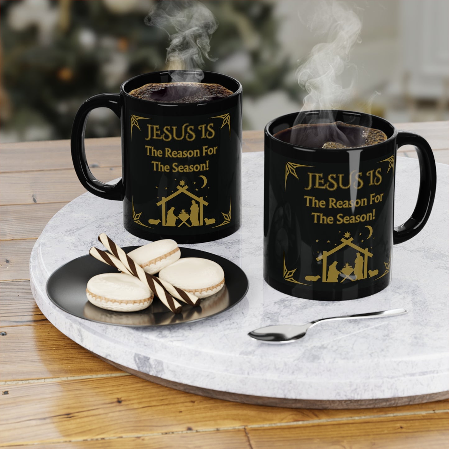 "Jesus Is The Reason For The Season!" Black Coffee Mug — 11oz Nativity Christmas Mug=Gold Desgn