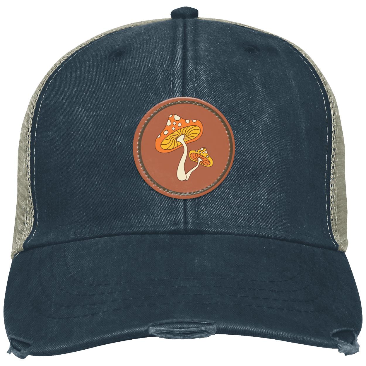 "Groovy Mushroom", Distressed Ollie Cap with Small Brown Vegan Leather Patch