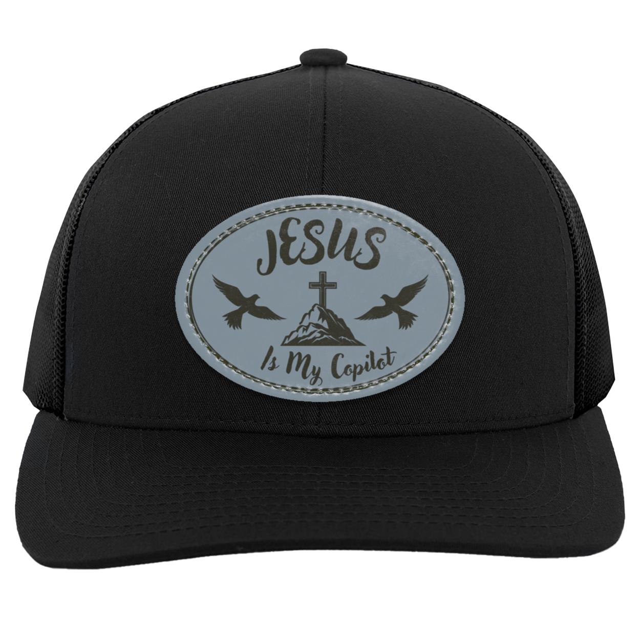 "Jesus is My Copilot" Trucker Snap Back with Cadet Gray Vegan Leather Oval Patch
