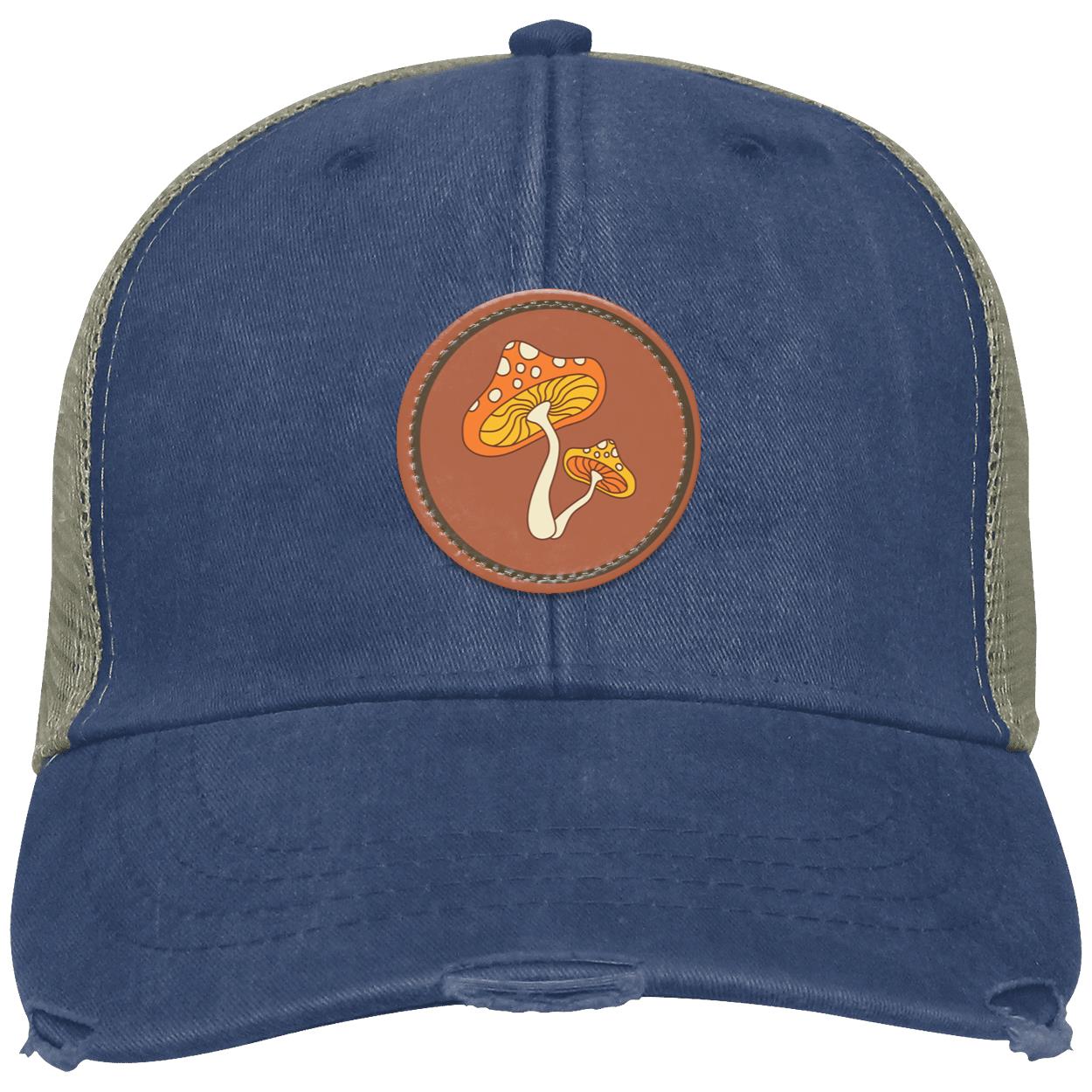 "Groovy Mushroom", Distressed Ollie Cap with Small Brown Vegan Leather Patch