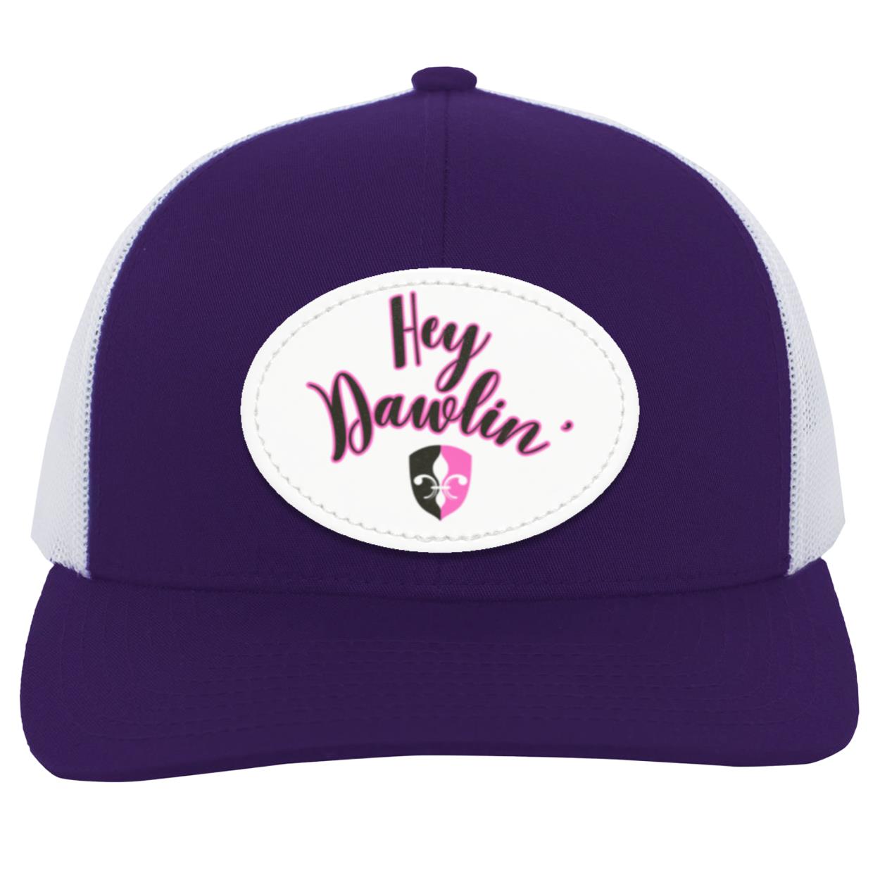 "Hey Dawlin' " Trucker Snap Back -White Oval Vegan Leather Patch