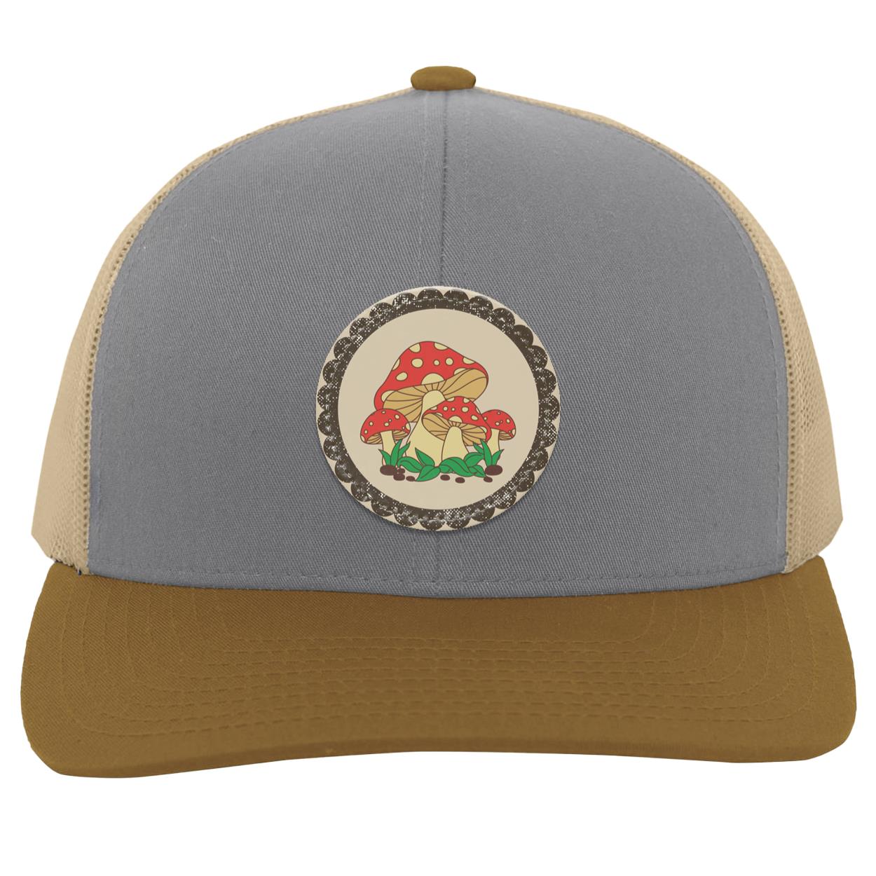 "Toadstools", Snapback Trucker Hat, Eggshell Colored Vegan Leather Patch w/ Scalloped Border