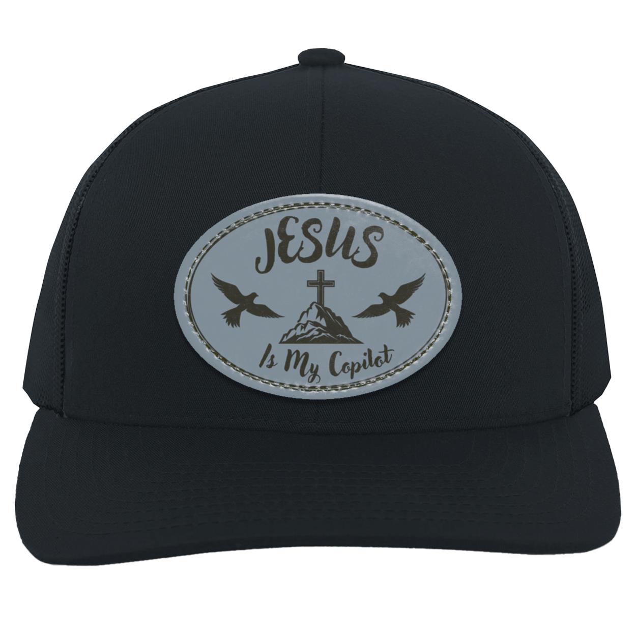 "Jesus is My Copilot" Trucker Snap Back with Cadet Gray Vegan Leather Oval Patch