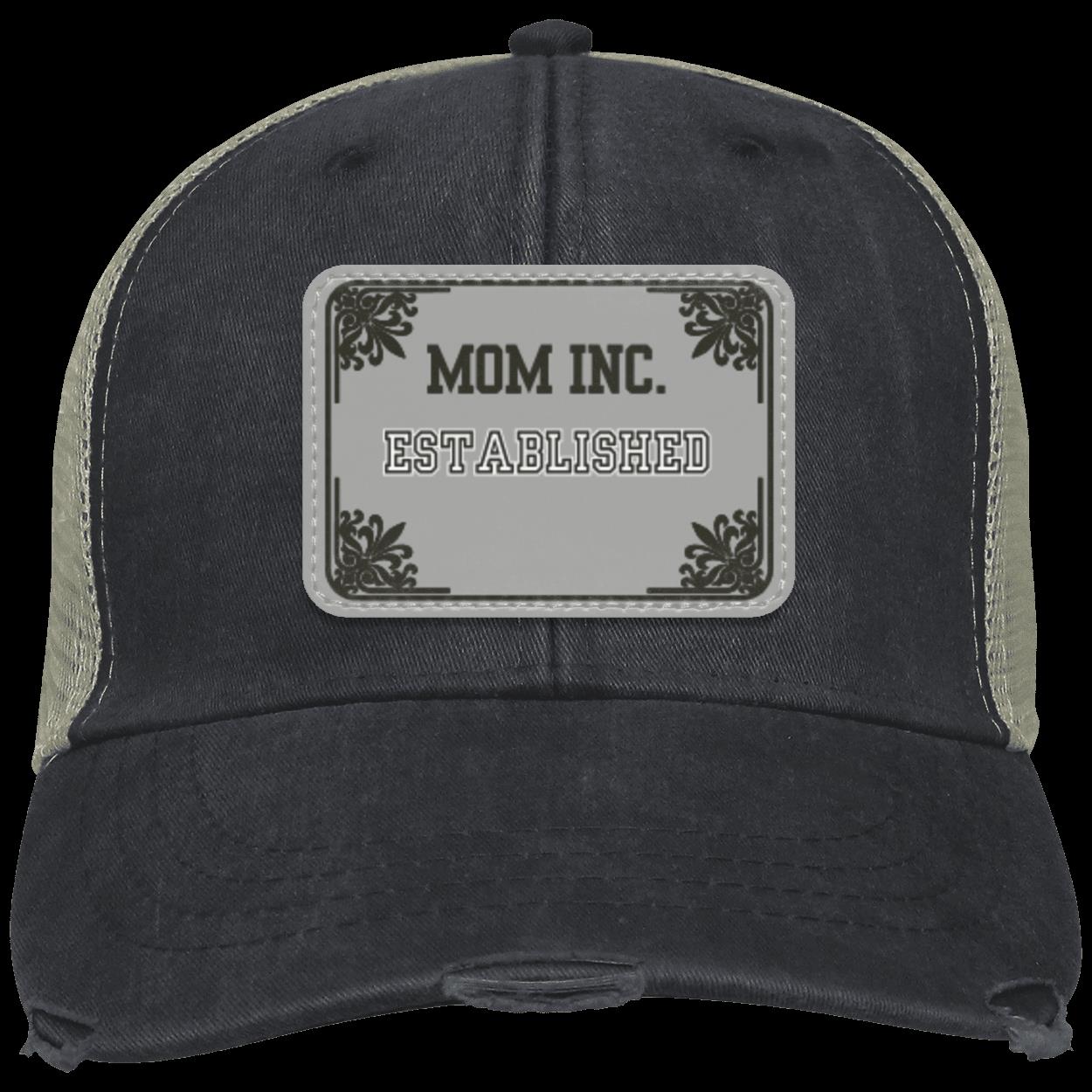 "Mom INC." Distressed Unstructured Trucker Cap With Gray Personalized Vegan Patch