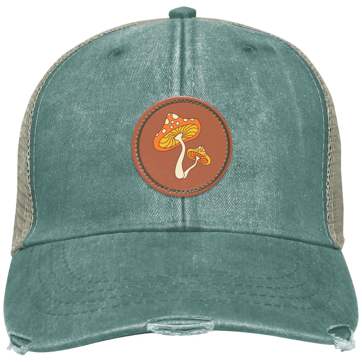 "Groovy Mushroom", Distressed Ollie Cap with Small Brown Vegan Leather Patch