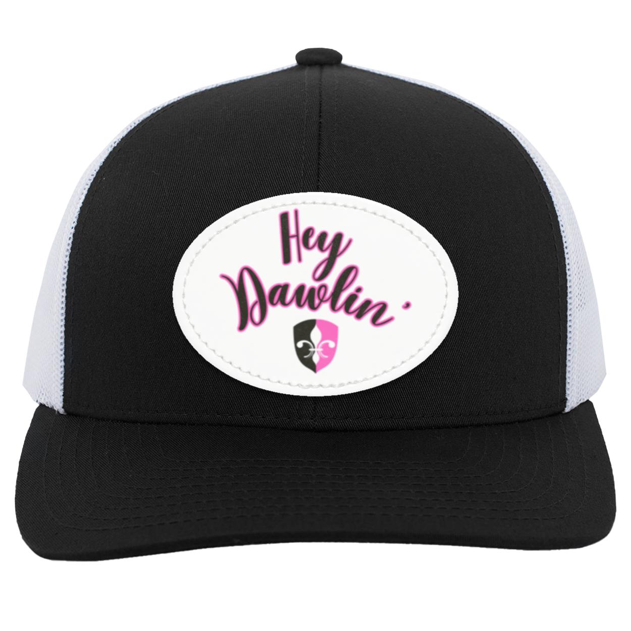 "Hey Dawlin' " Trucker Snap Back -White Oval Vegan Leather Patch