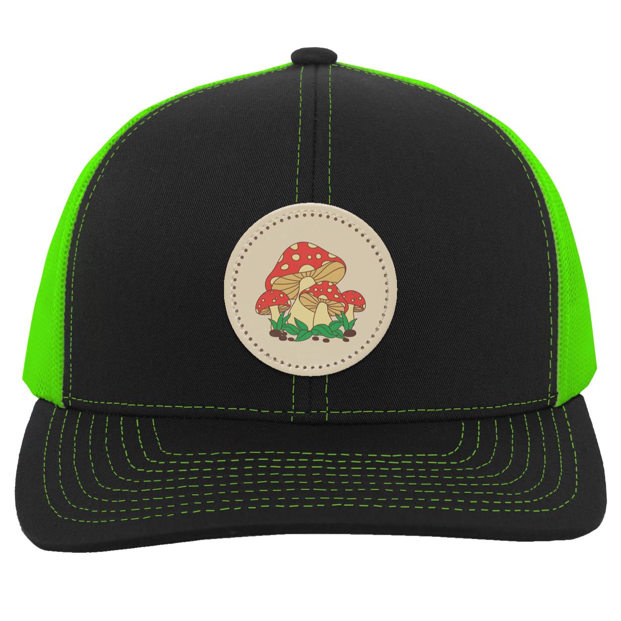 "Toadstools", Snapback Trucker Hat, Eggshell Colored Small Circular Vegan Patch w/Dotted Border