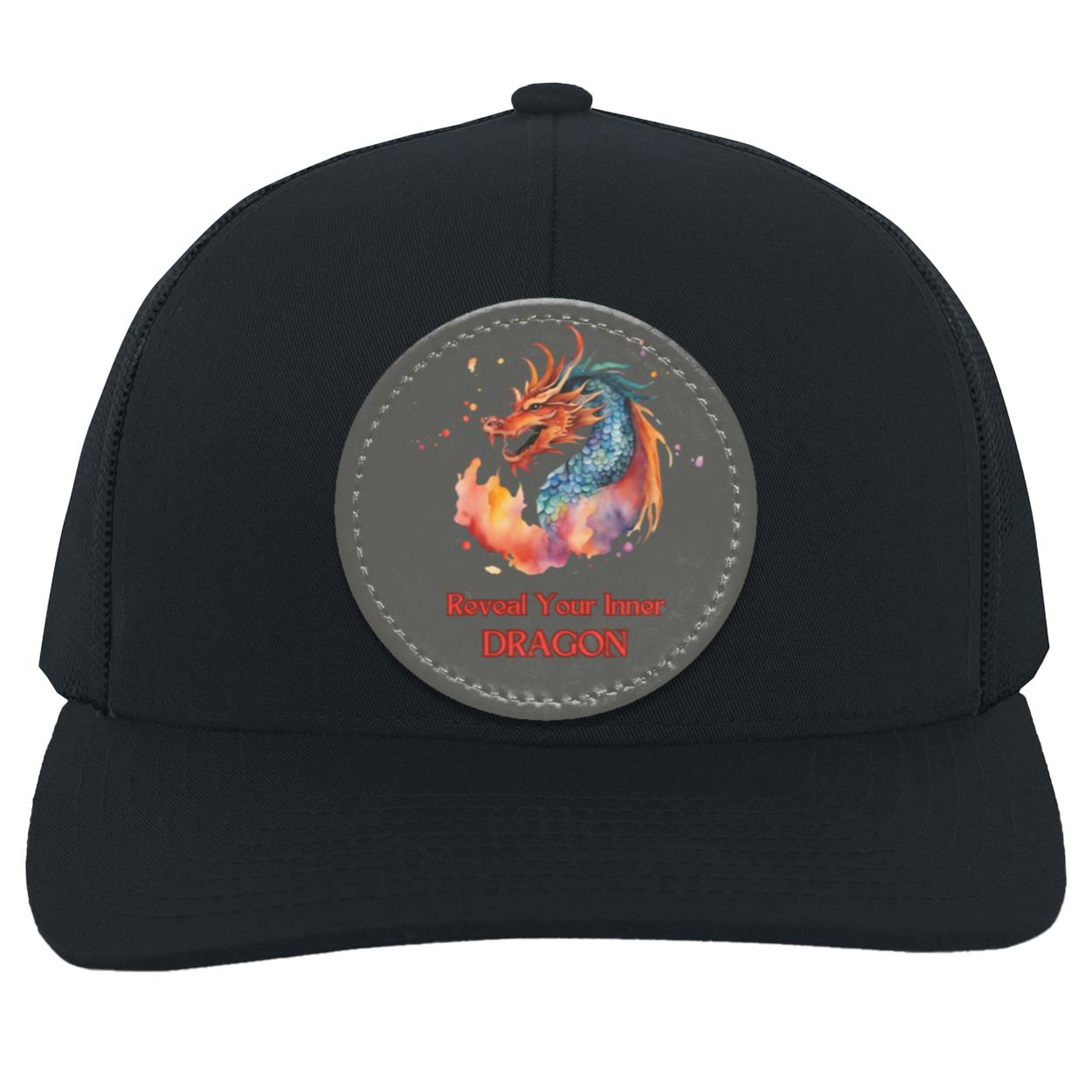 "Reveal Your Inner Dragon" Trucker Snap Back with Dark Gray Vegan Leather Patch