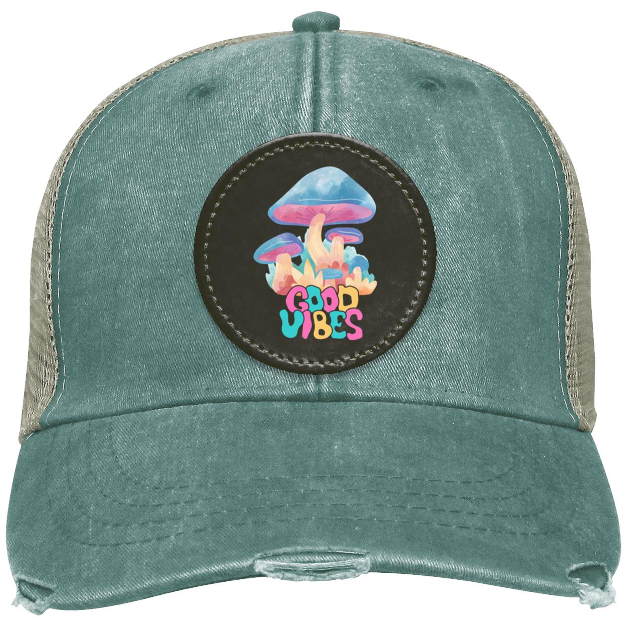 "Good Vibes" Distressed Ollie Cap with Black Circle Vegan Patch