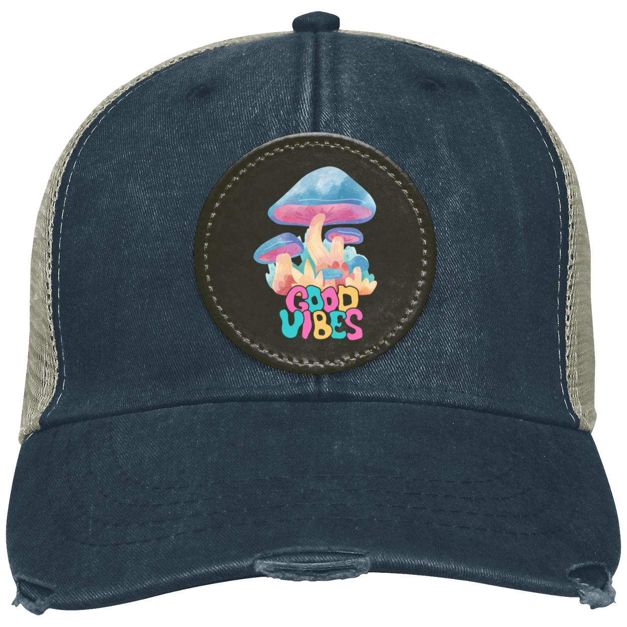 "Good Vibes" Distressed Ollie Cap with Black Circle Vegan Patch