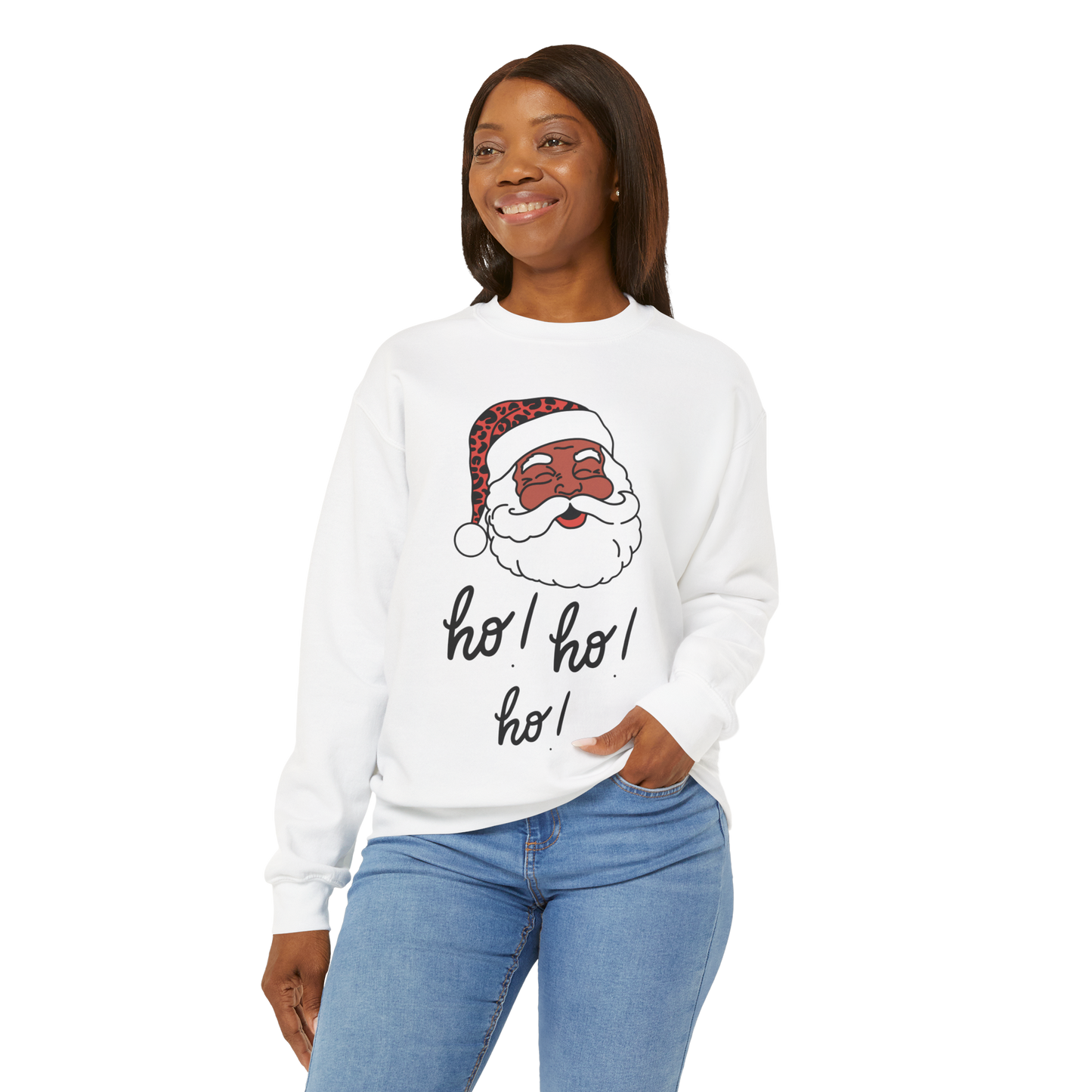 "Smiling (Brown) Santa-Ho, Ho Ho!" Unisex, Heavy Blend Sweatshirt, Black Text