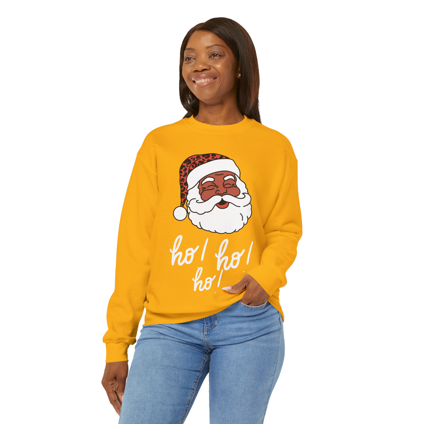 "Smiling (Brown) Santa - Ho Ho Ho!" Unisex Heavy Blend Sweatshirt, White Text