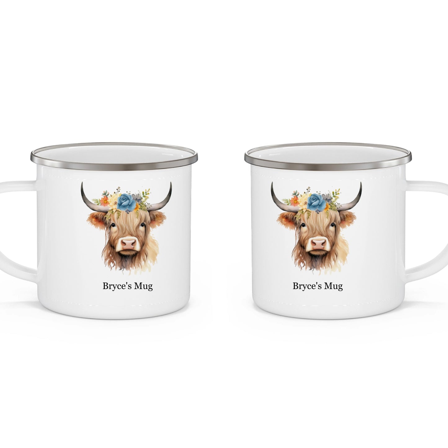 "Highland Cow" Personalized (Blue Rose) Enamel Camping Mug