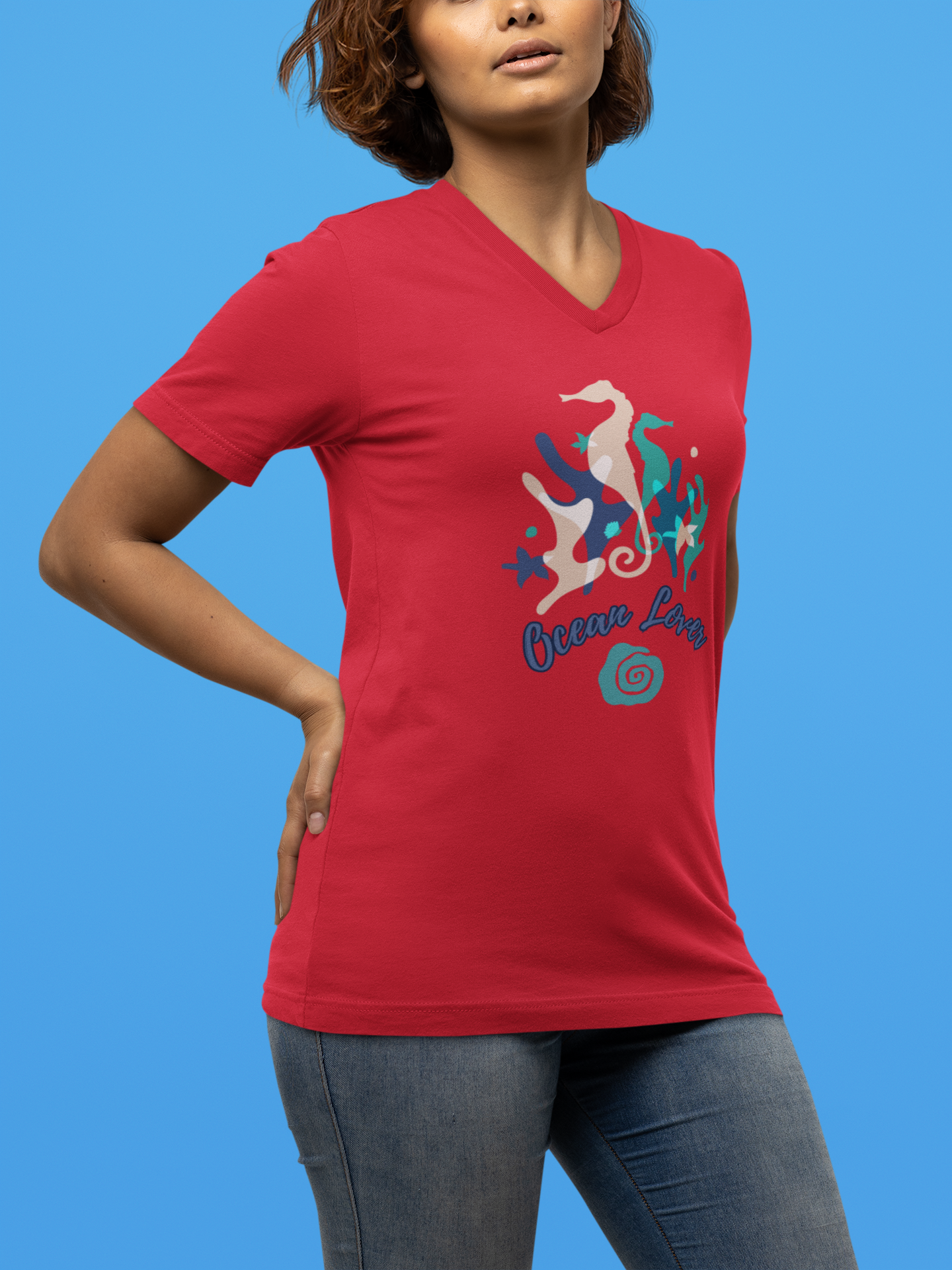 "Ocean Lover" Seahorse Sea Life V-Neck Tee