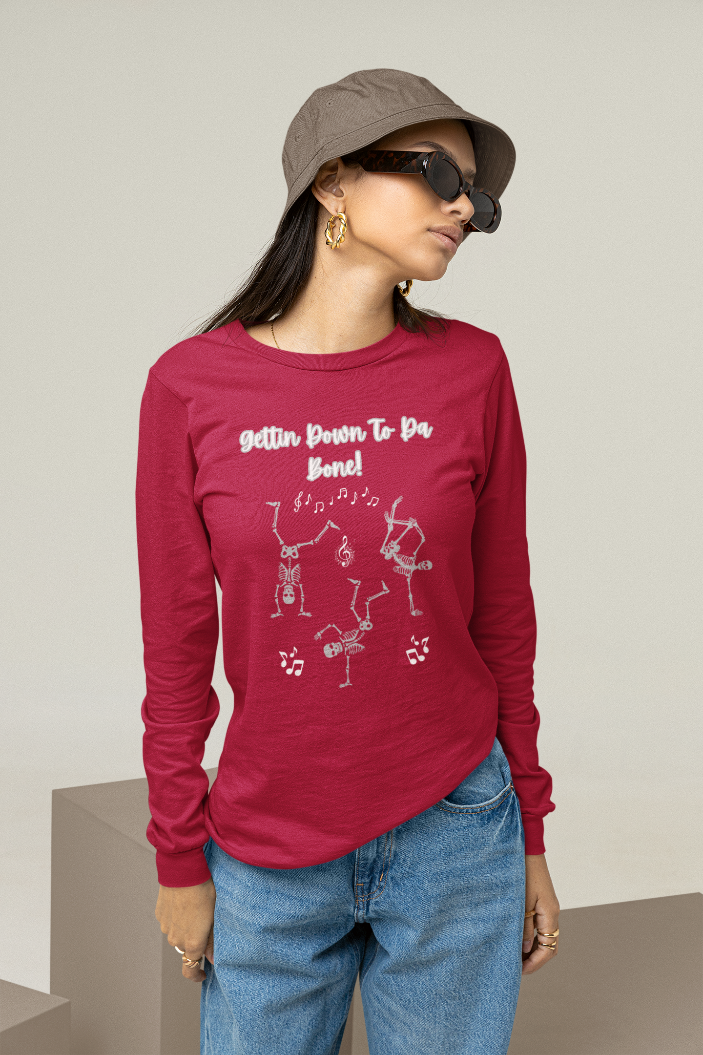 "Gettin' Down To Da Bone" Halloween Skeleton Dance, Unisex Long Sleeve Tee in Dark Colors