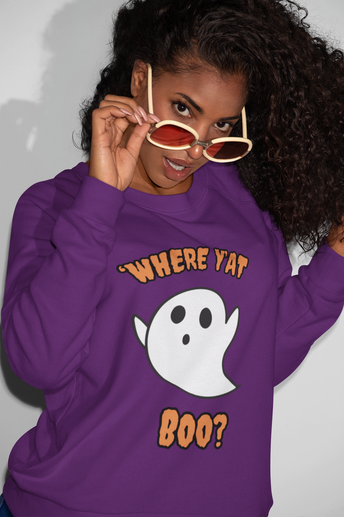 "Where Y'At BOO?" Unisex Pullover Sweatshirt, Orange Text