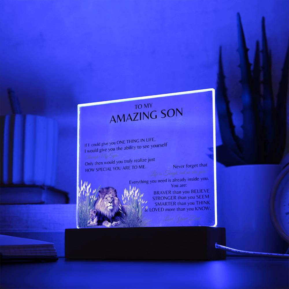 "To My Amazing Son-Love, Your Dad" Papa Lion and Cub, Square Acrylic Plaque. The words brought tears to his eyes.