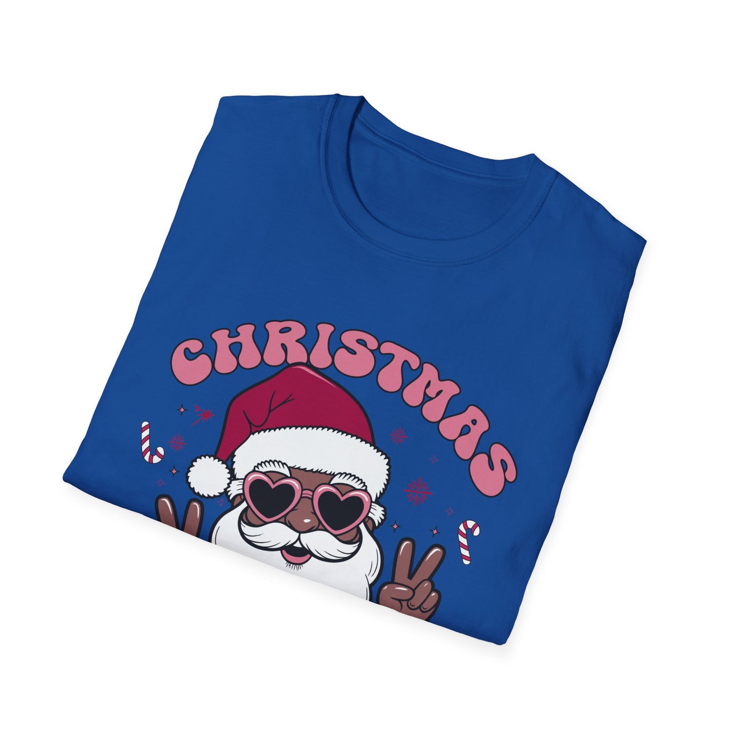 "Christmas Vibes" Unisex T-Shirt — Retro Santa Sporting Cool Sunglasses And A Peace Sign. What a Groovy Holiday Tee!