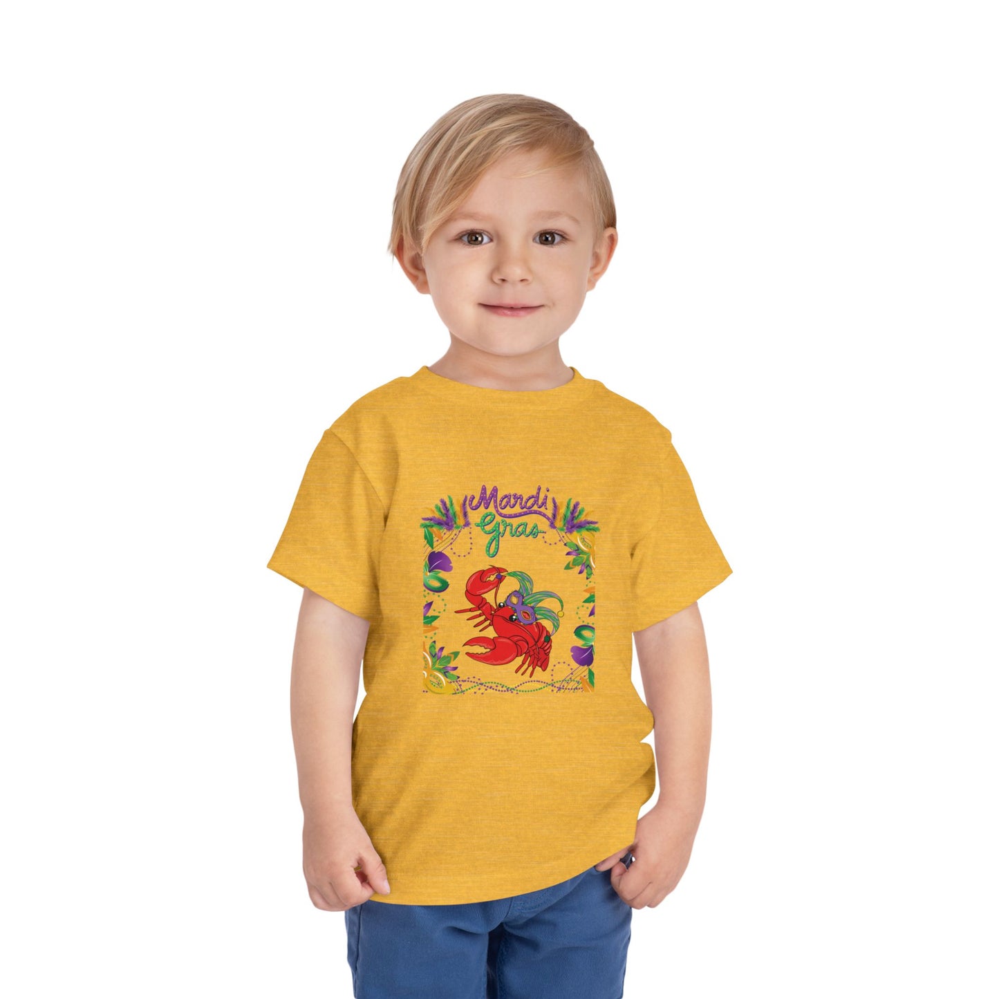 "Mardi Gras Crawfish" Toddler Short Sleeve Tee — Festive Masked Crawfish in Purple, Green & Gold!