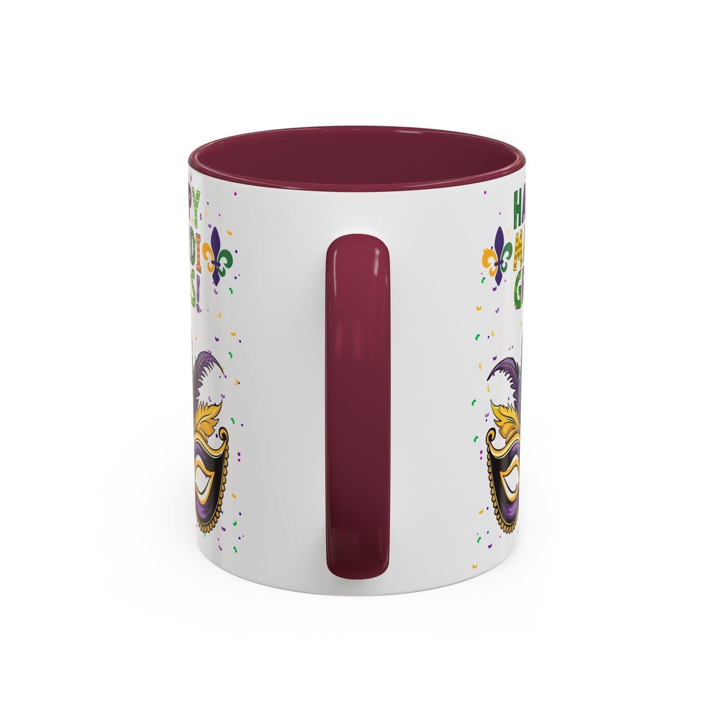 "Happy Mardi Gras Mask" White Ceramic 11oz Mugs With Colorful Accents.  Enjoy The Carnival Season Every time You Use This Mug.