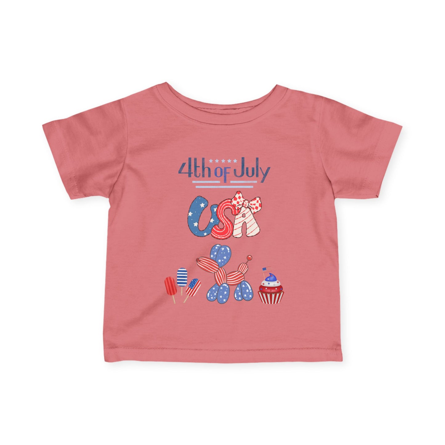 4th of July Infant Tee — USA Patriotic Baby Shirt with Flag Bow & Cupcake