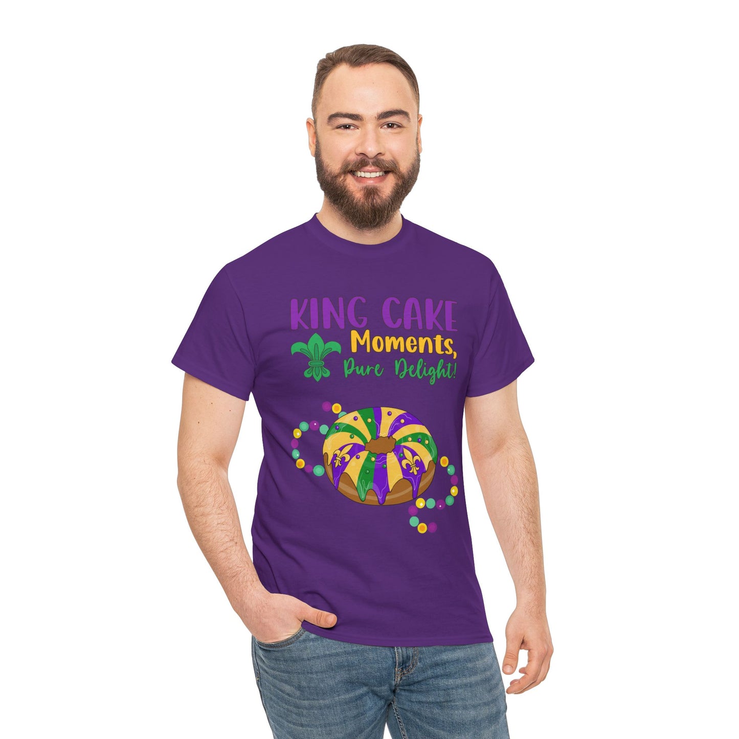 "King Cake Moments" Unisex Heavy Cotton  Adult Tee.   Wear This Tee To Tell Everyone "A Mardi Gras King Cake Moment Is A Pure Delight!"